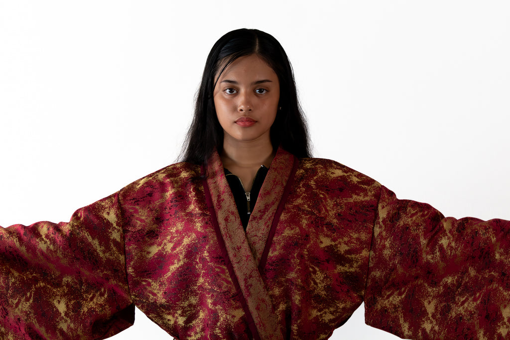 ✦ The Merchant’s Smile - Gold and Maroon Sparkling Wide Kimono Featuring Real Braided Hair and Intricate Embroidery