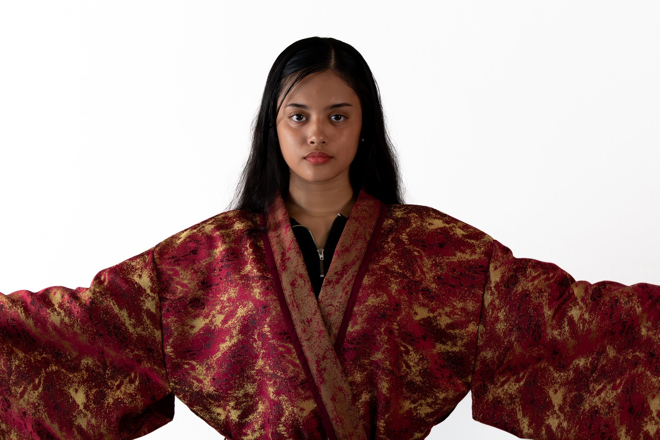 ✦ The Merchant’s Smile - Gold and Maroon Sparkling Wide Kimono Featuring Real Braided Hair and Intricate Embroidery