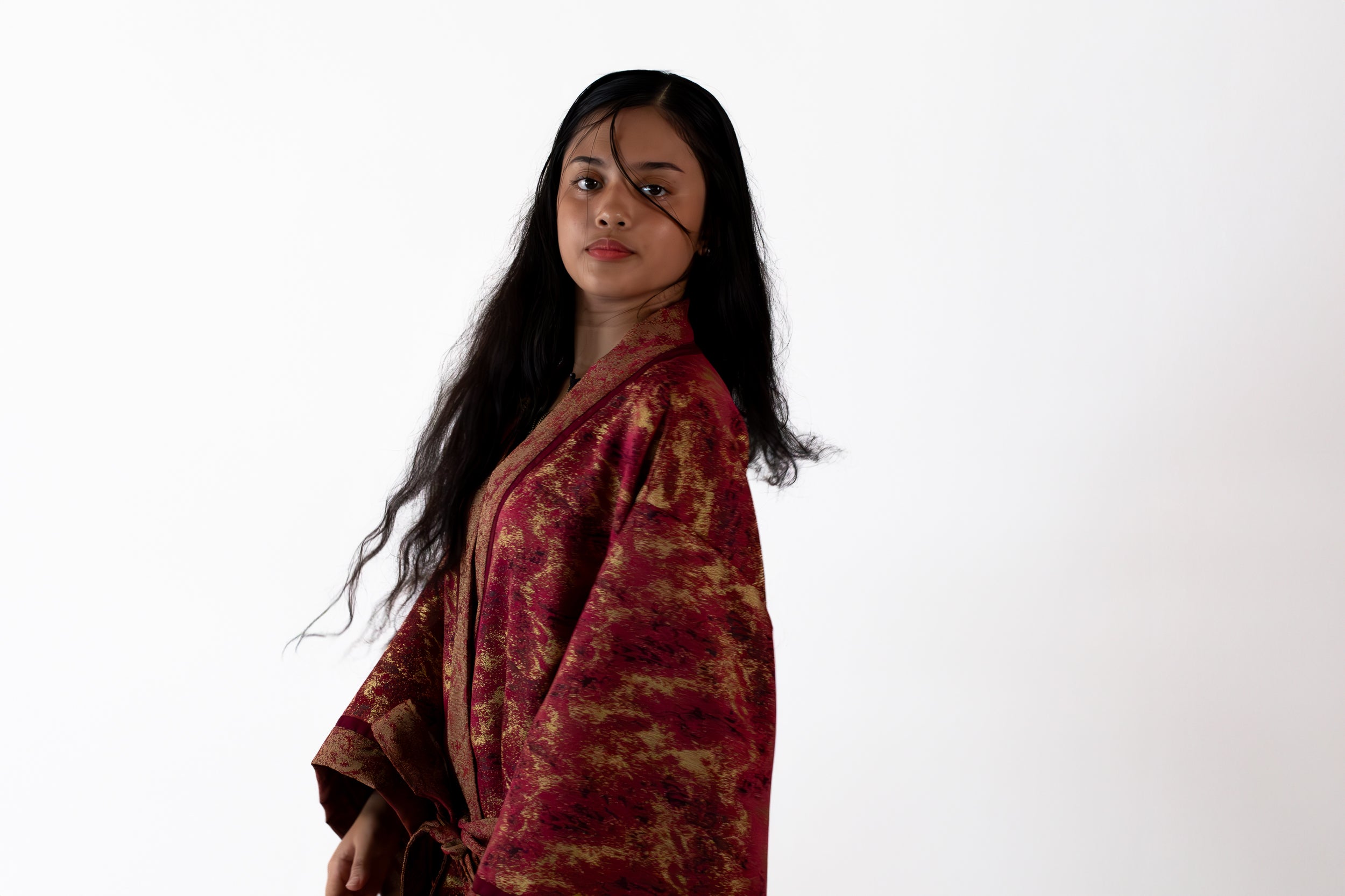 ✦ The Merchant’s Smile - Gold and Maroon Sparkling Wide Kimono Featuring Real Braided Hair and Intricate Embroidery