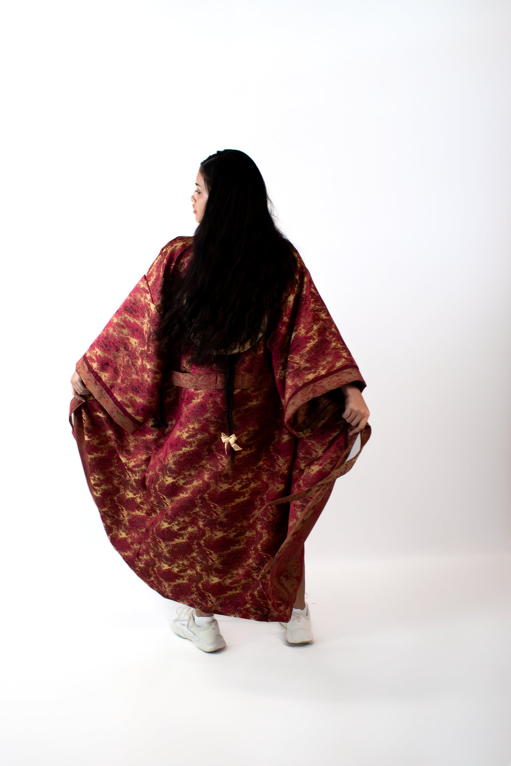 ✦ The Merchant’s Smile - Gold and Maroon Sparkling Wide Kimono Featuring Real Braided Hair and Intricate Embroidery