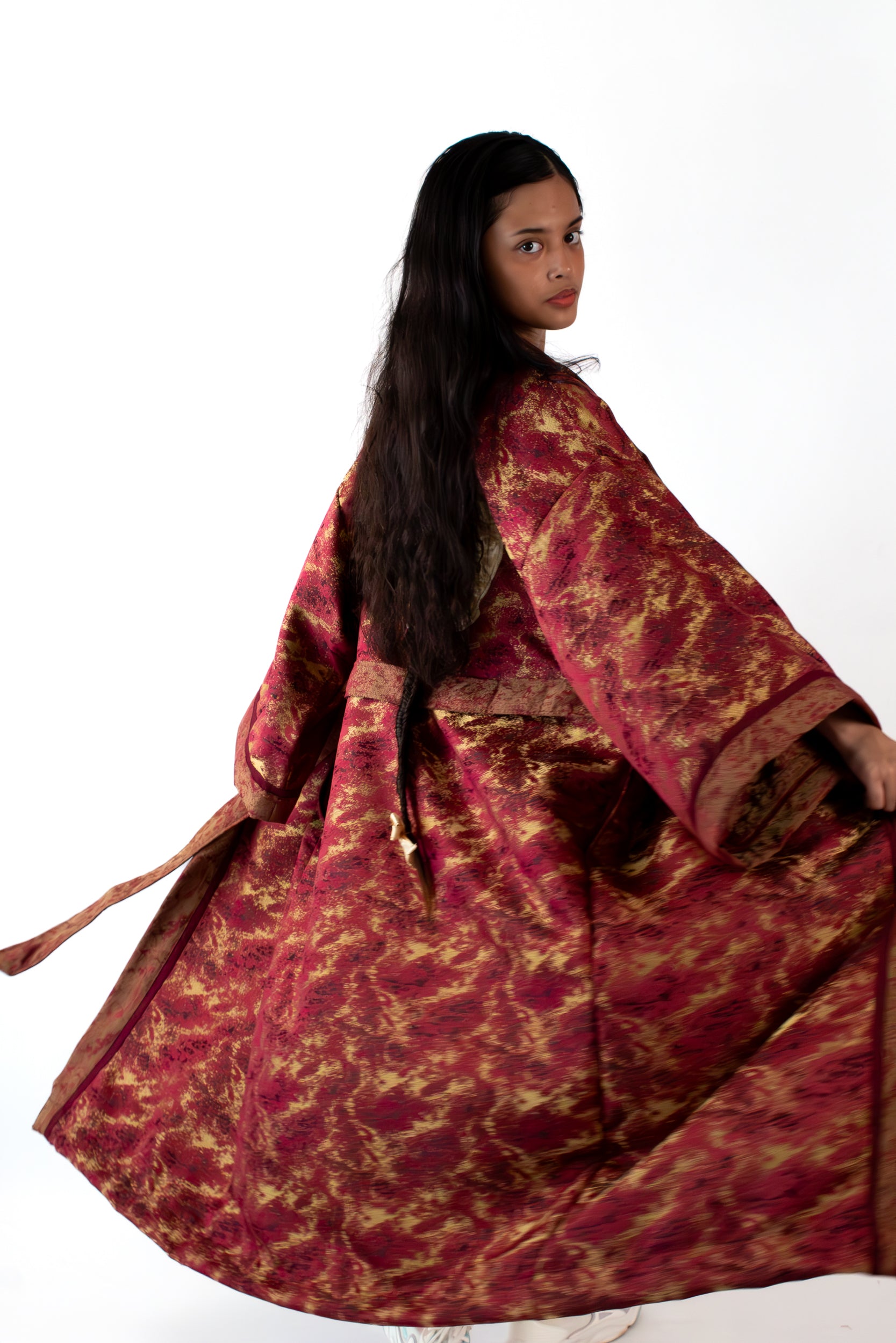 ✦ The Merchant’s Smile - Gold and Maroon Sparkling Wide Kimono Featuring Real Braided Hair and Intricate Embroidery