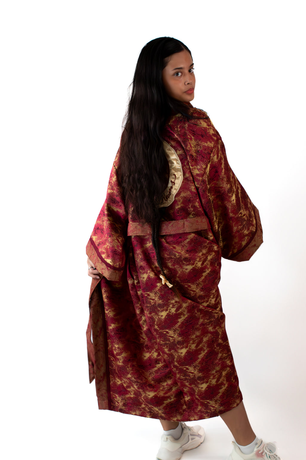 ✦ The Merchant’s Smile - Gold and Maroon Sparkling Wide Kimono Featuring Real Braided Hair and Intricate Embroidery