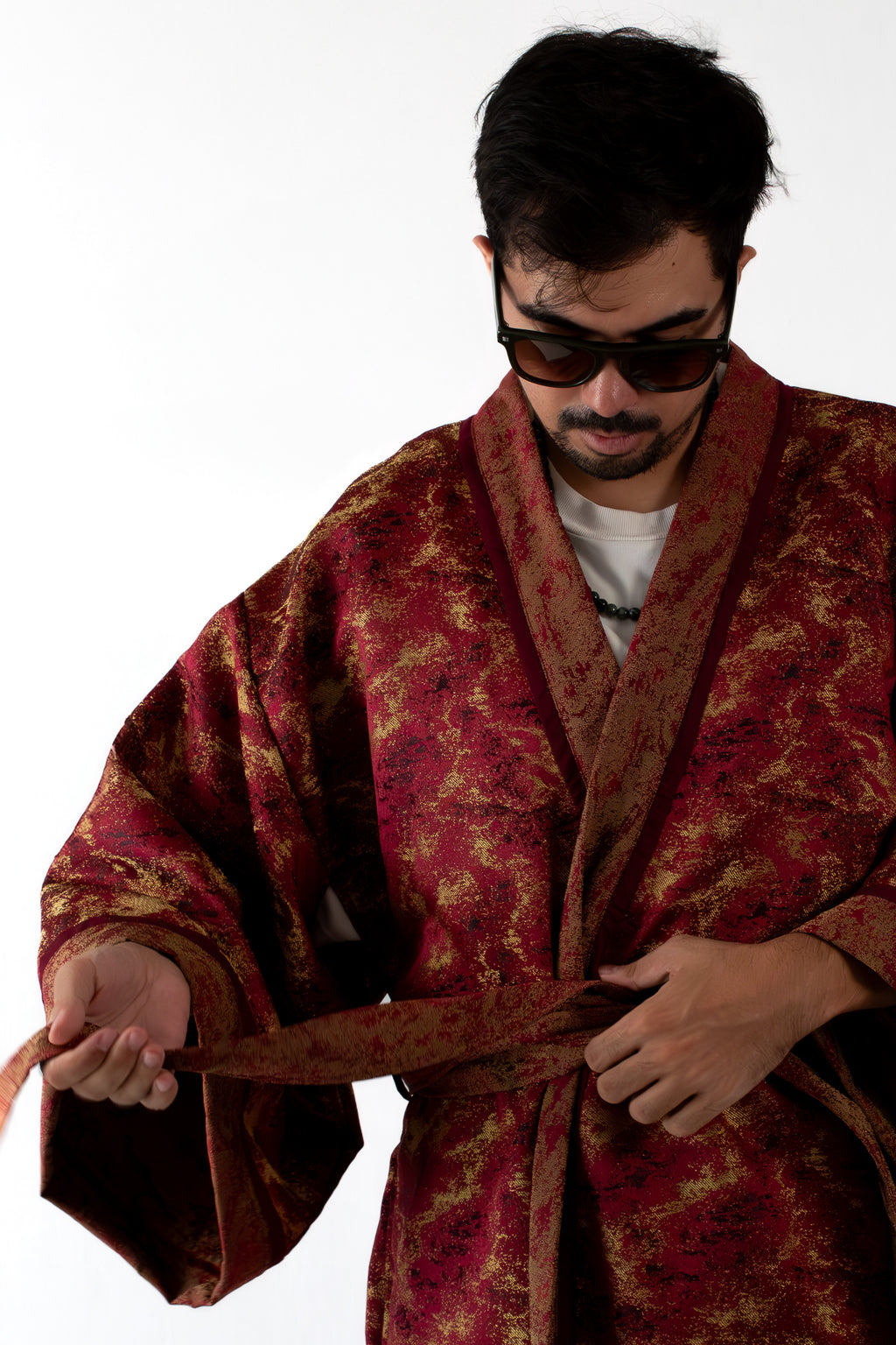 ✦ The Merchant’s Smile - Gold and Maroon Sparkling Wide Kimono Featuring Real Braided Hair and Intricate Embroidery