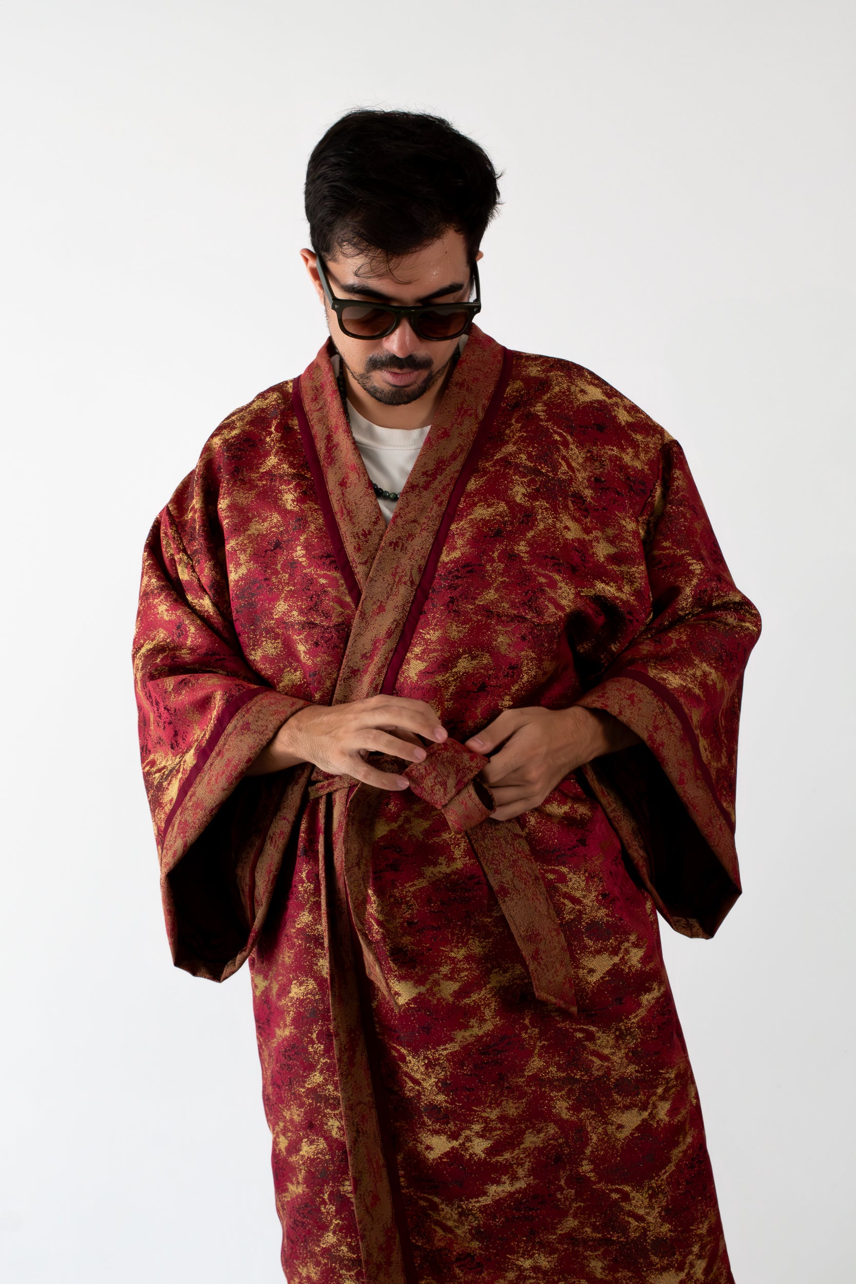✦ The Merchant’s Smile - Gold and Maroon Sparkling Wide Kimono Featuring Real Braided Hair and Intricate Embroidery