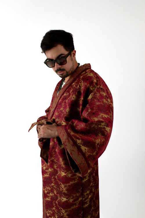 ✦ The Merchant’s Smile - Gold and Maroon Sparkling Wide Kimono Featuring Real Braided Hair and Intricate Embroidery