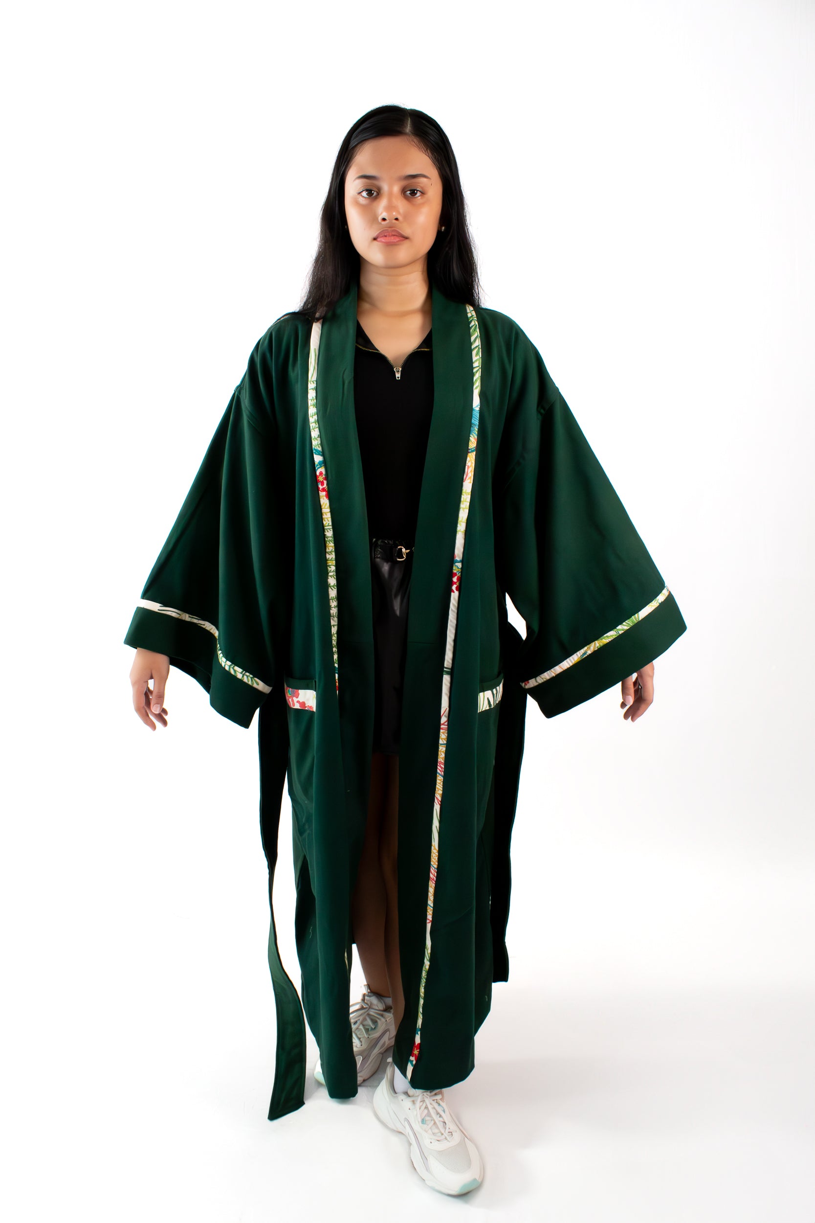 ✦ Verdant Soar - Dark Green Denim Kimono with Embroidered Artwork