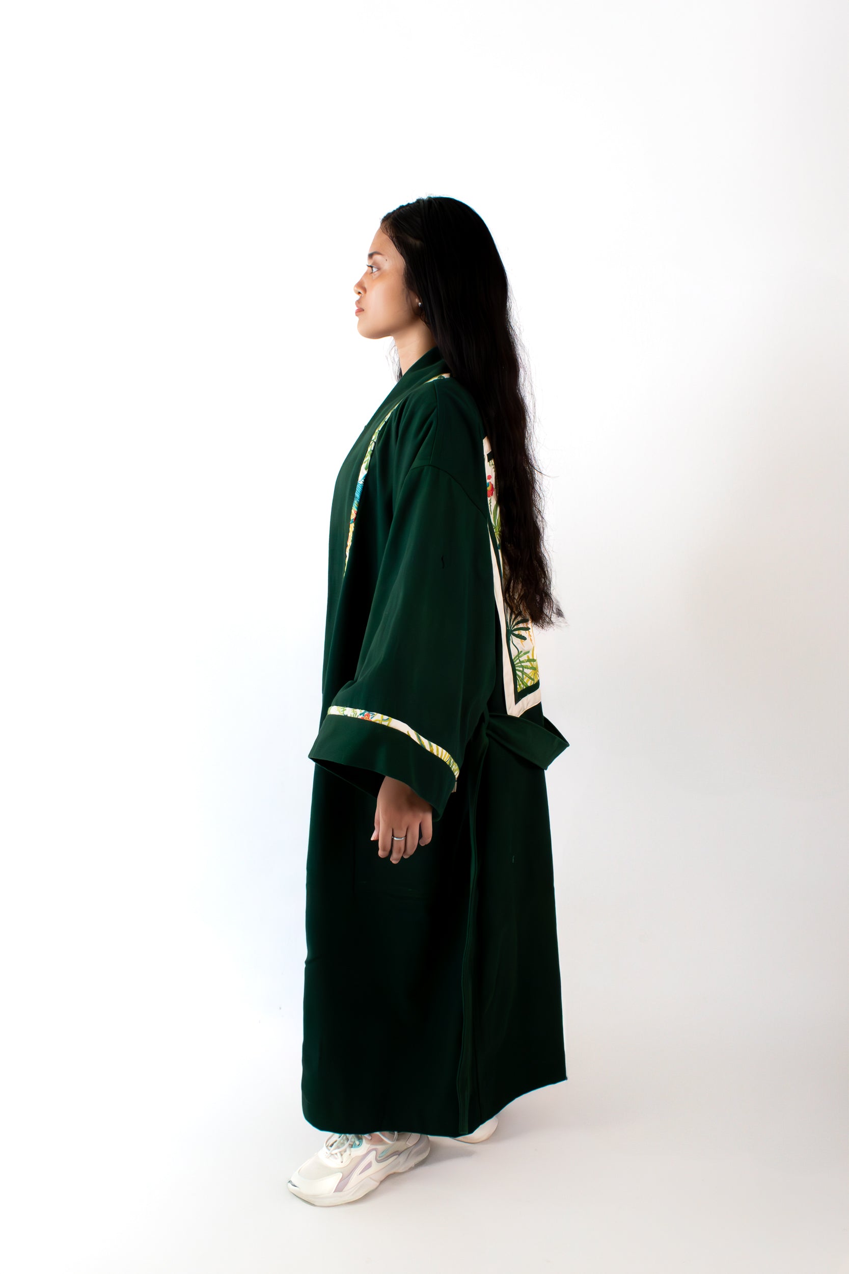 ✦ Verdant Soar - Dark Green Denim Kimono with Embroidered Artwork
