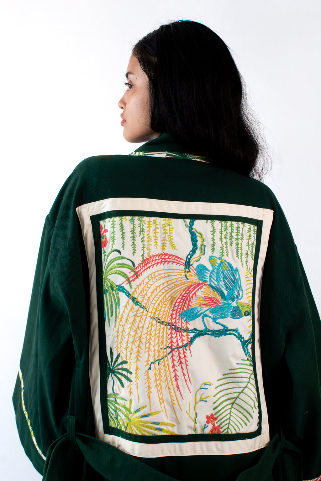 ✦ Verdant Soar - Dark Green Denim Kimono with Embroidered Artwork