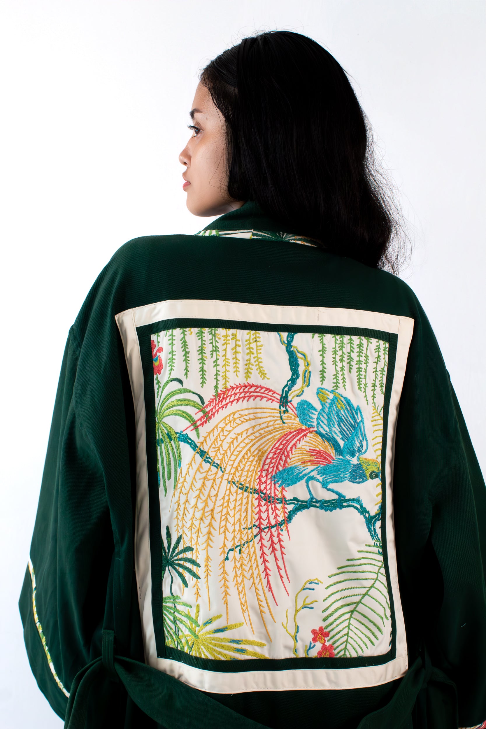 ✦ Verdant Soar - Dark Green Denim Kimono with Embroidered Artwork