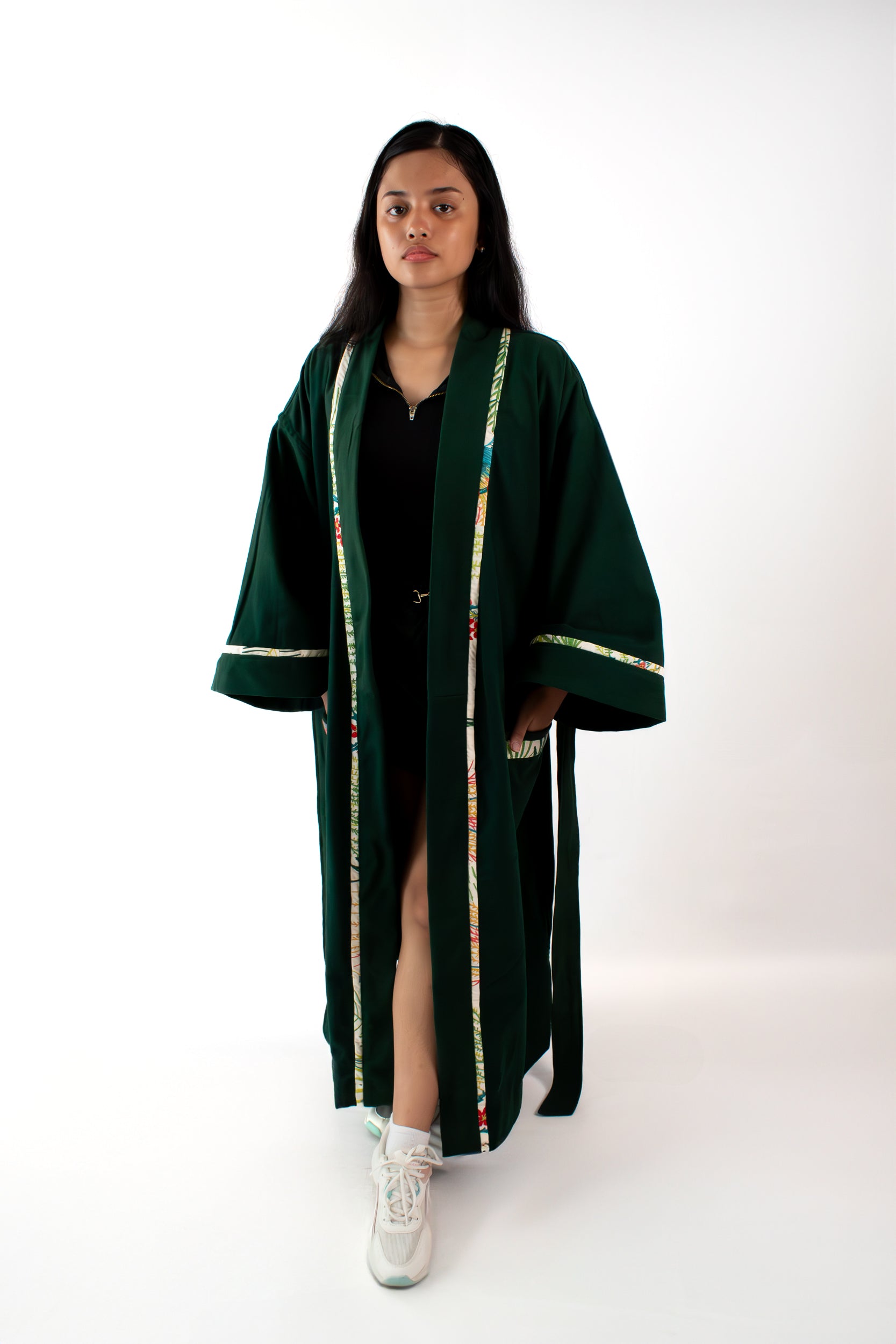 ✦ Verdant Soar - Dark Green Denim Kimono with Embroidered Artwork