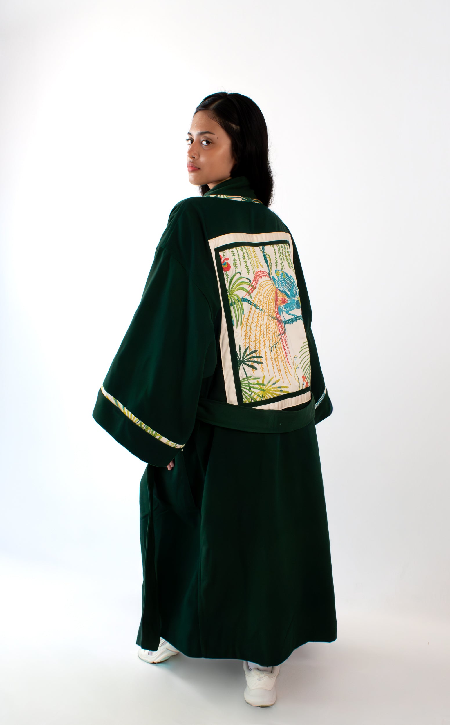 ✦ Verdant Soar - Dark Green Denim Kimono with Embroidered Artwork