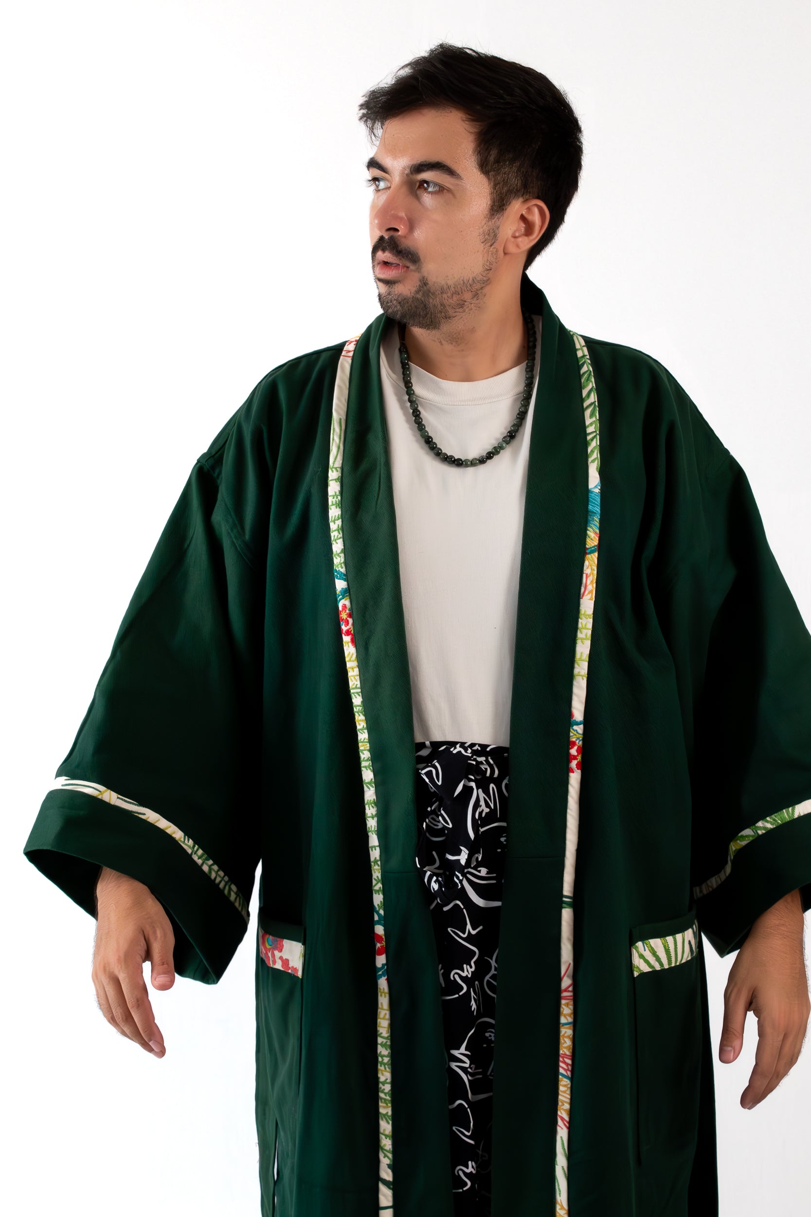 ✦ Verdant Soar - Dark Green Denim Kimono with Embroidered Artwork