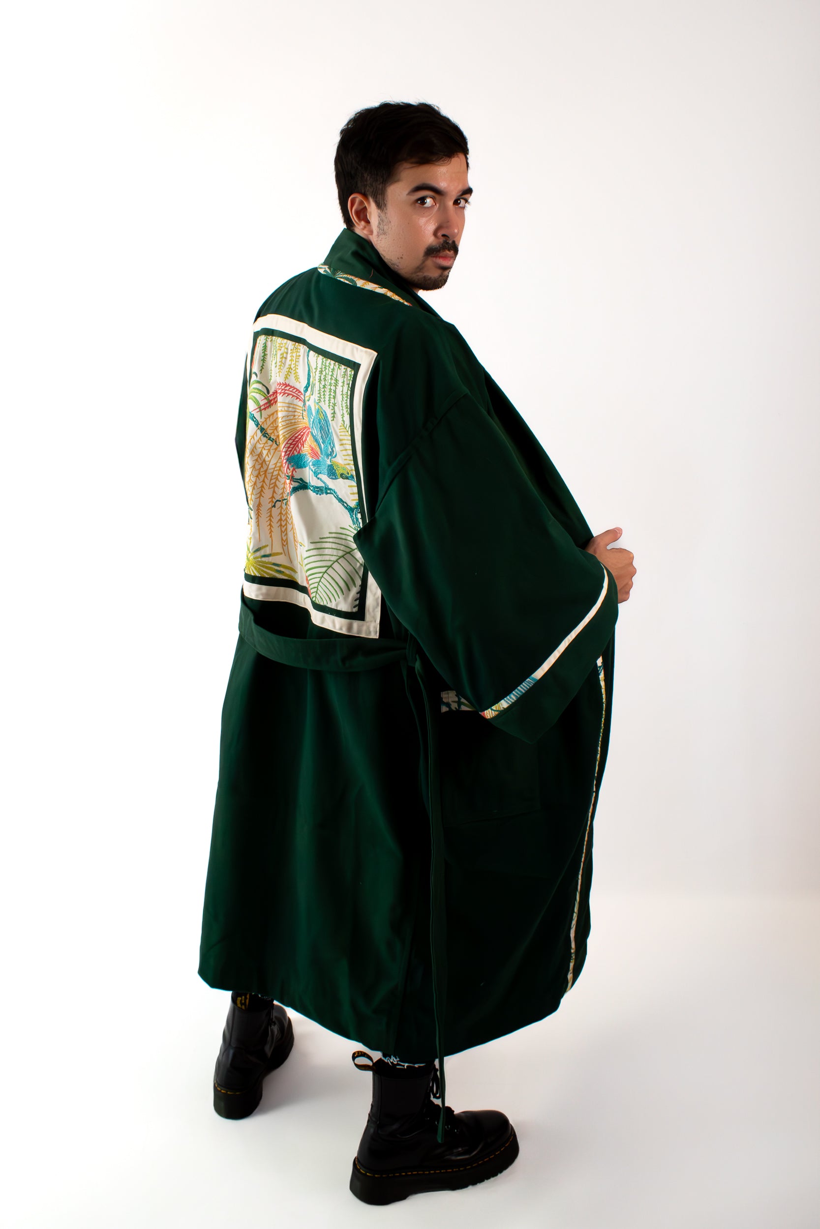 ✦ Verdant Soar - Dark Green Denim Kimono with Embroidered Artwork