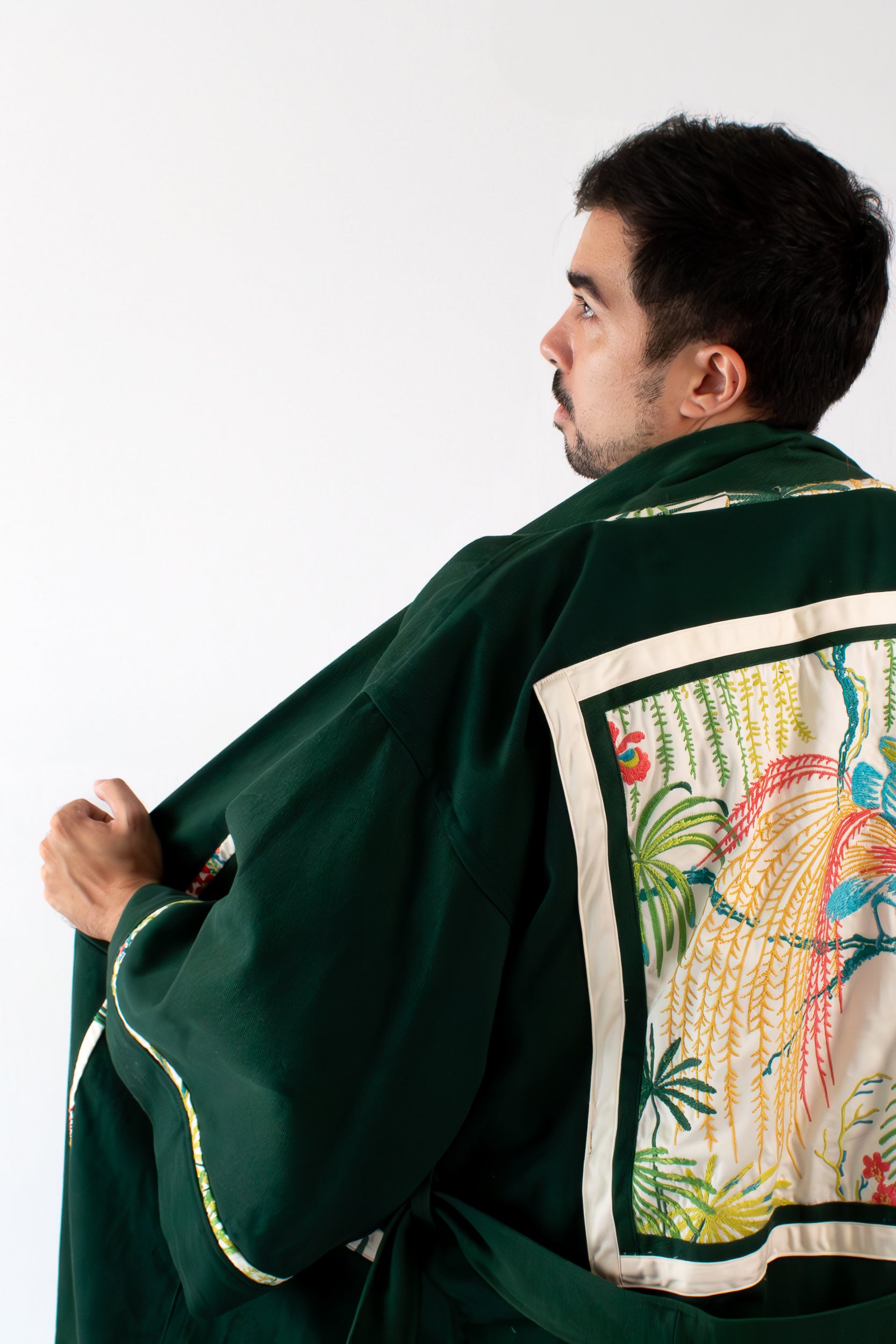✦ Verdant Soar - Dark Green Denim Kimono with Embroidered Artwork