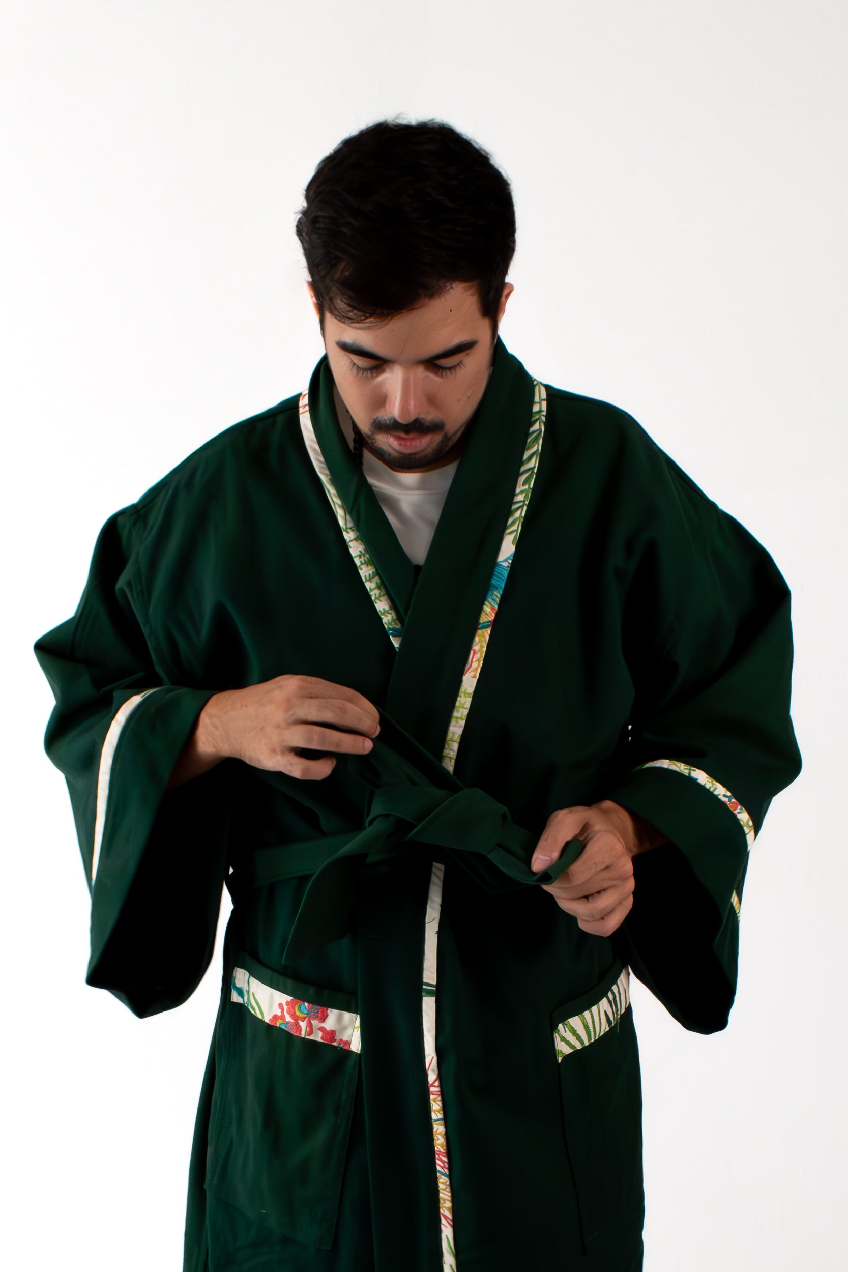 ✦ Verdant Soar - Dark Green Denim Kimono with Embroidered Artwork