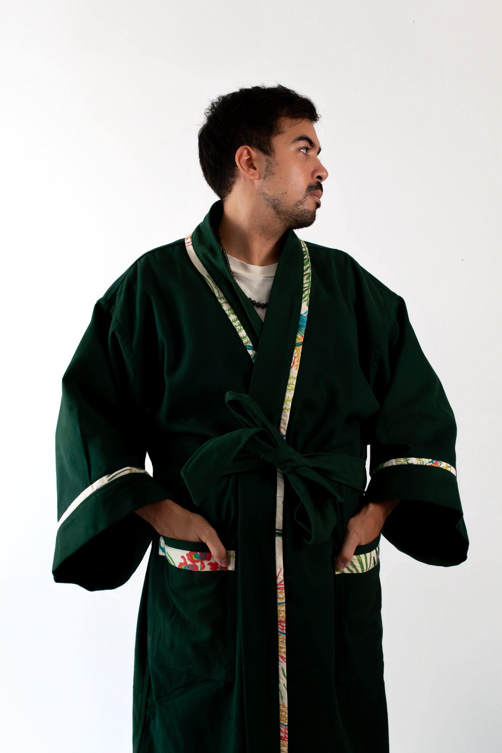 ✦ Verdant Soar - Dark Green Denim Kimono with Embroidered Artwork