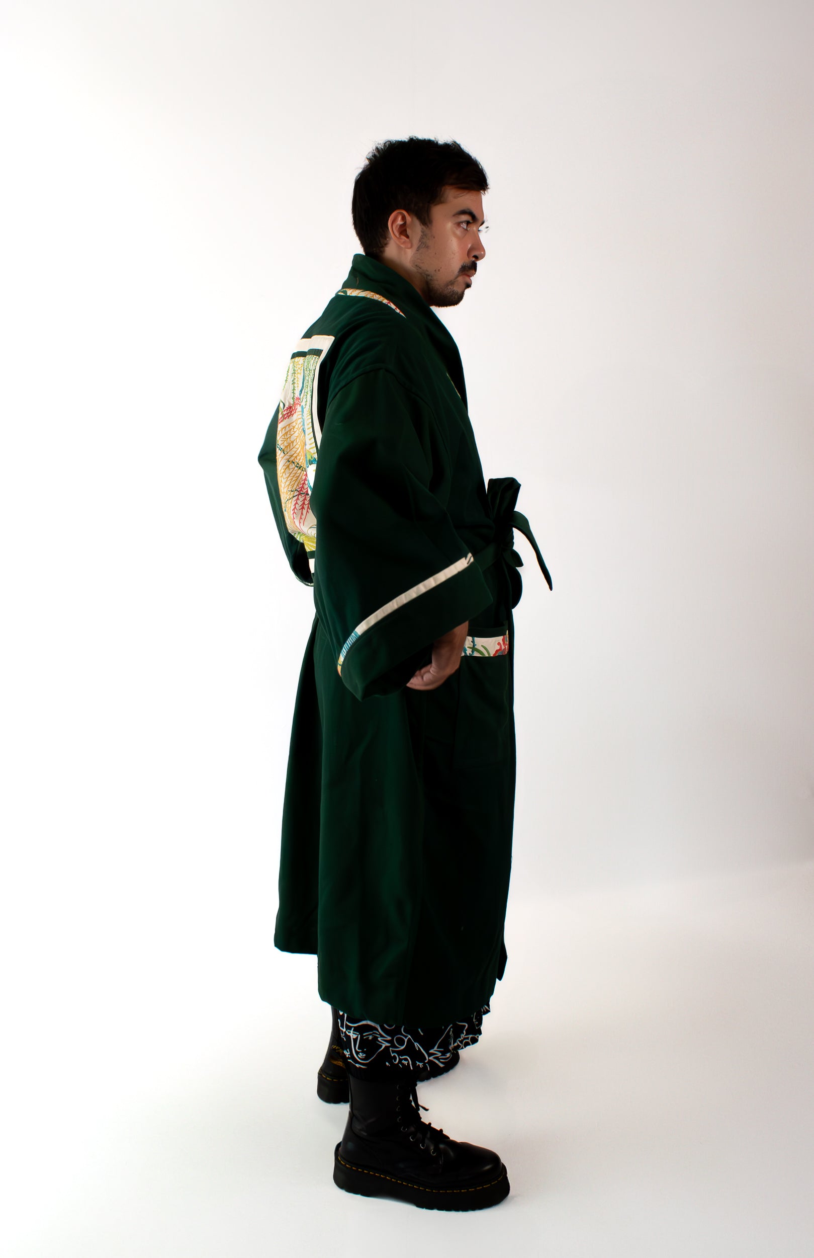 ✦ Verdant Soar - Dark Green Denim Kimono with Embroidered Artwork