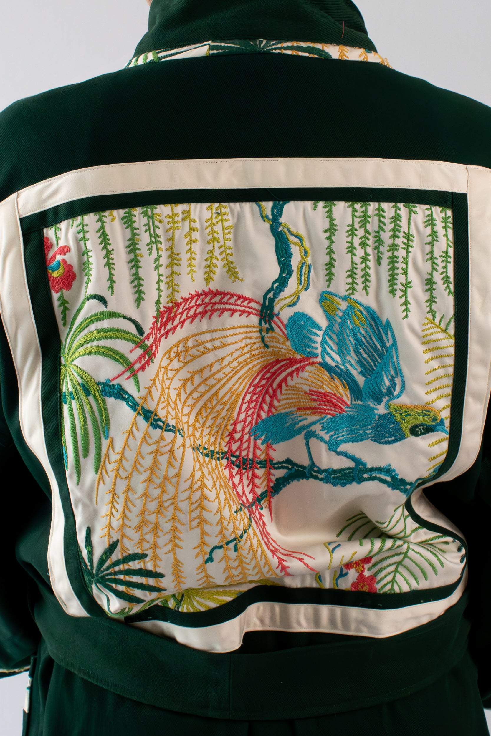 ✦ Verdant Soar - Dark Green Denim Kimono with Embroidered Artwork