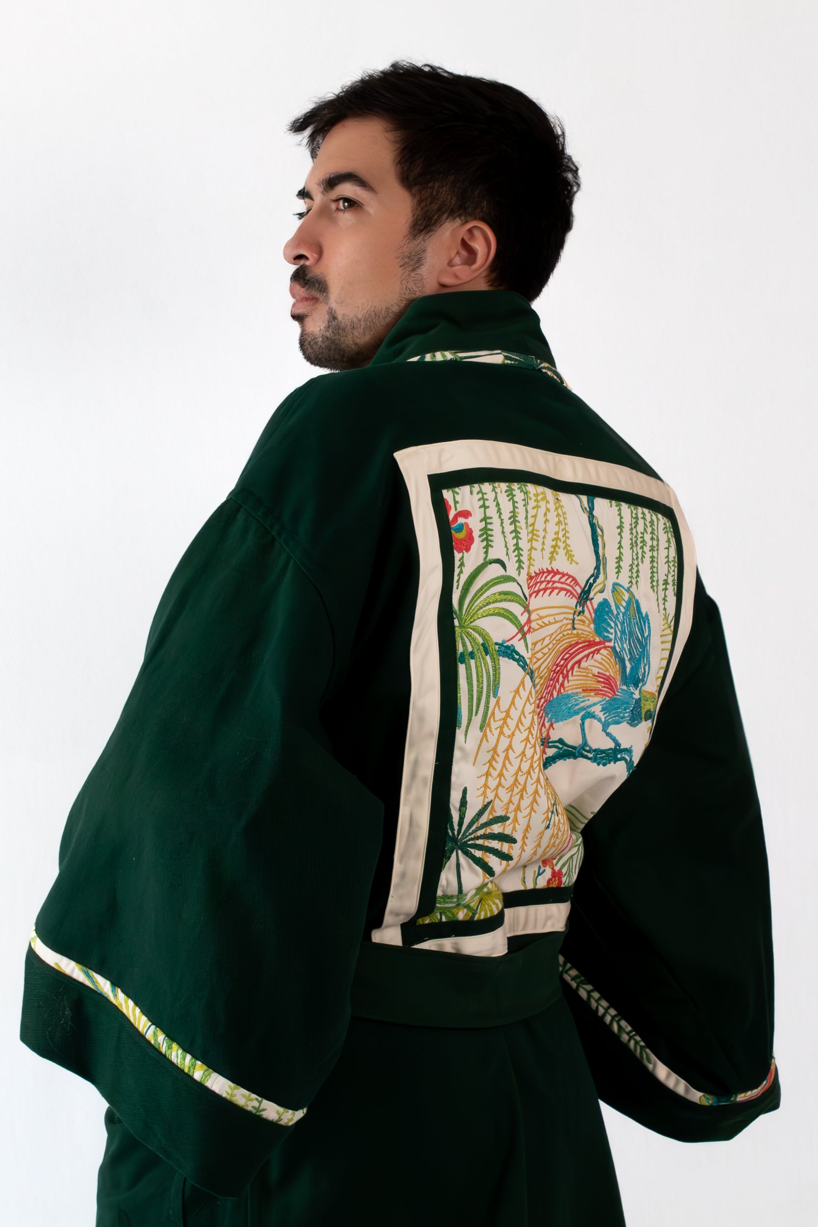 ✦ Verdant Soar - Dark Green Denim Kimono with Embroidered Artwork
