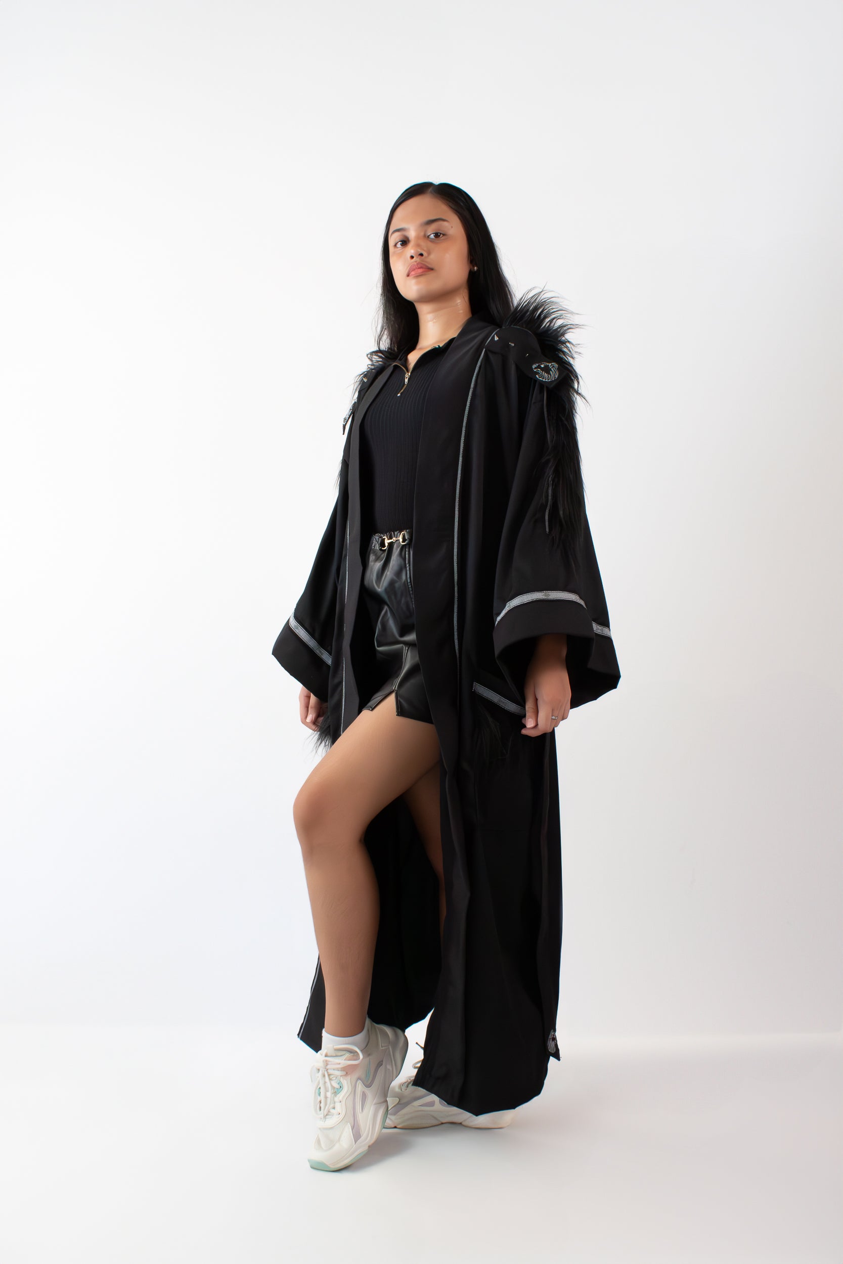✦ Oso Berlin - Ferocious Black Bear Kimono with Hand-Woven Fabric, Faux Fur & Embroidery