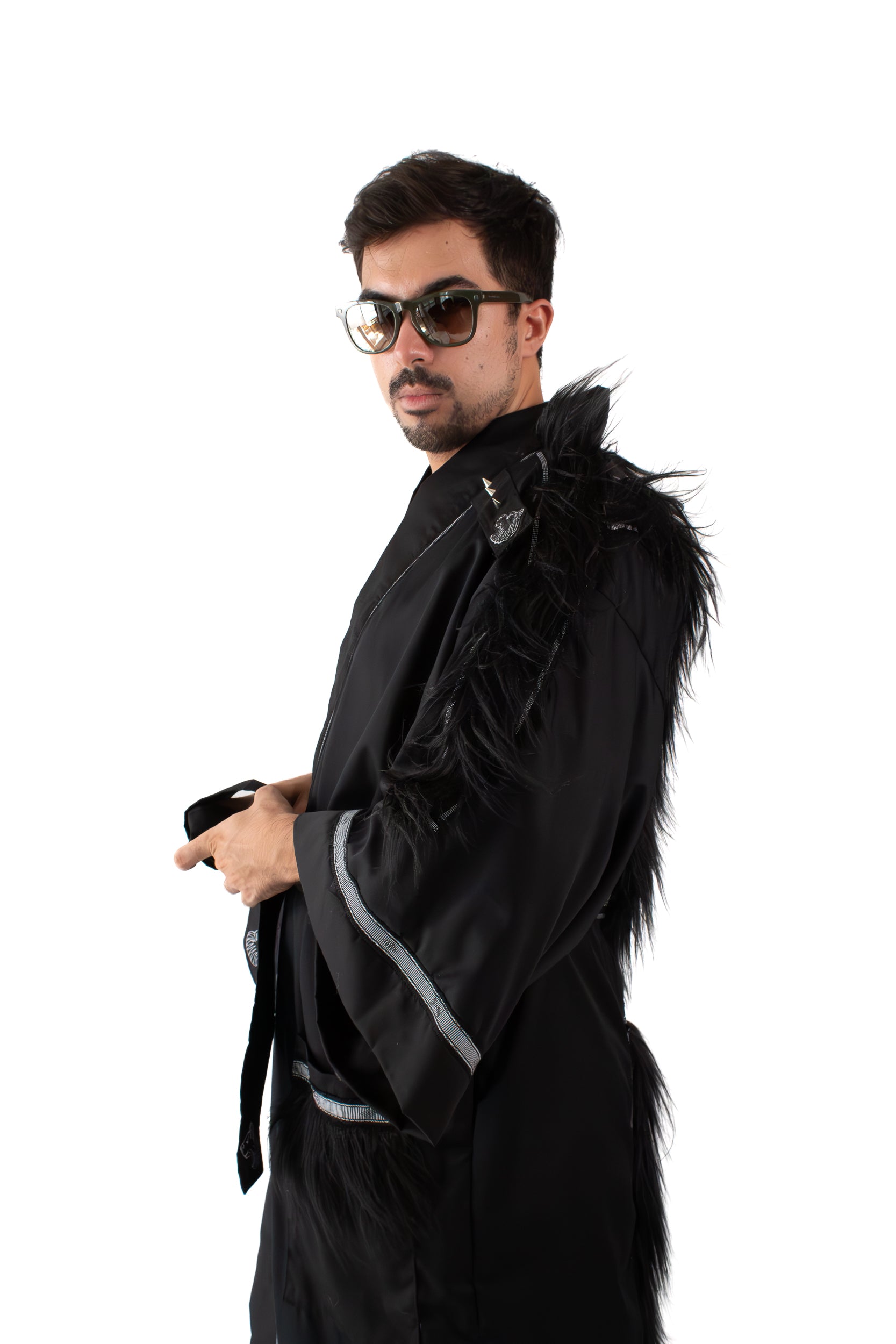 ✦ Oso Berlin - Ferocious Black Bear Kimono with Hand-Woven Fabric, Faux Fur & Embroidery