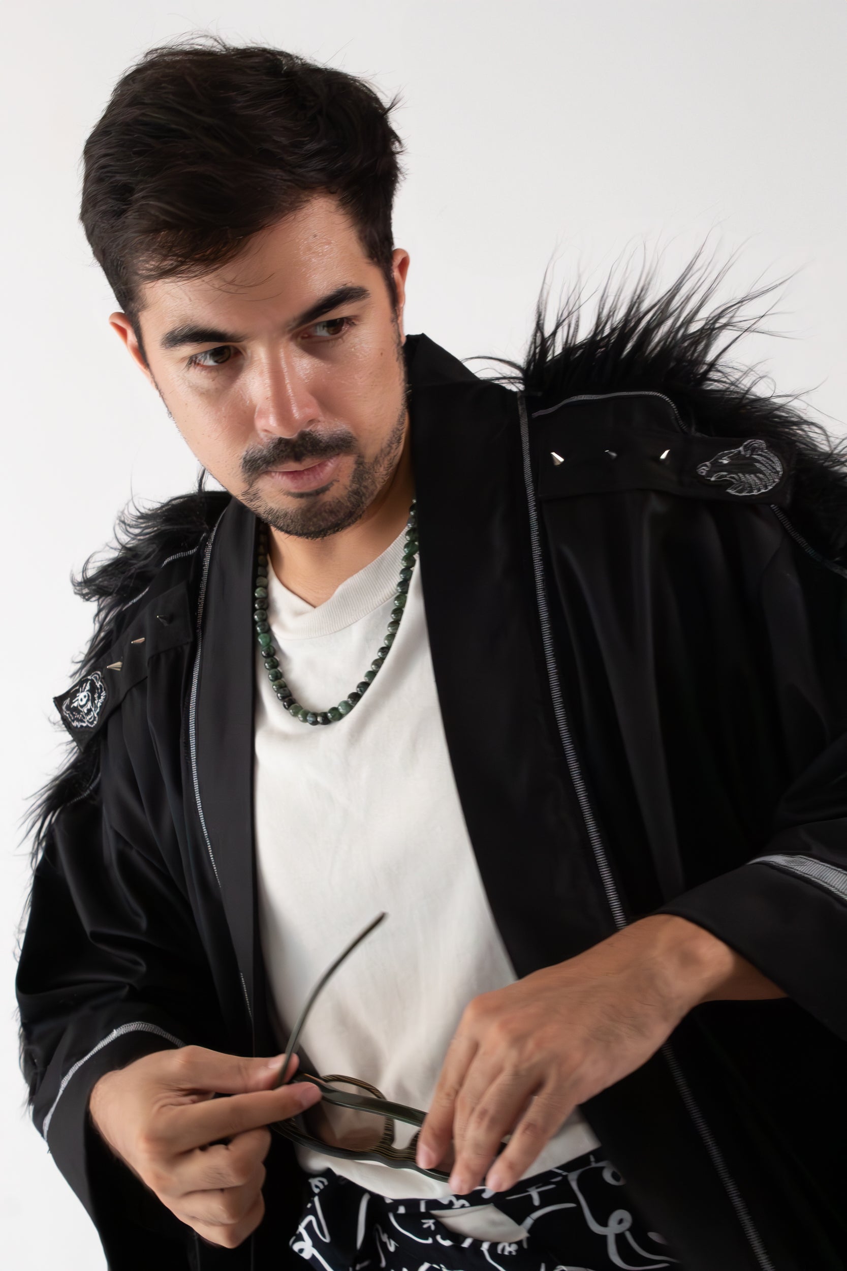 ✦ Oso Berlin - Ferocious Black Bear Kimono with Hand-Woven Fabric, Faux Fur & Embroidery
