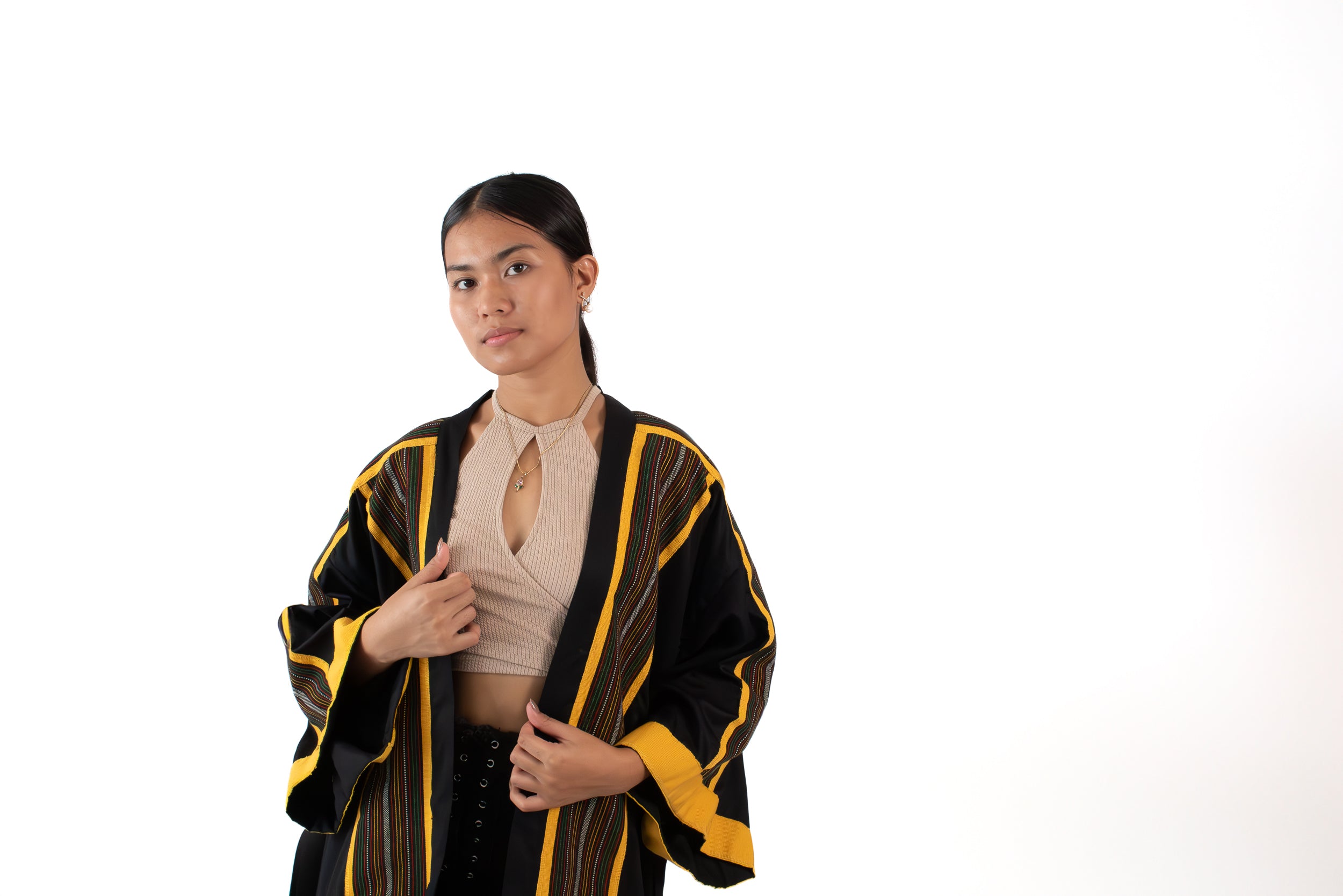 ✦ Kalinga Dusk - Sleek Black and Yellow Kimono with Hand-Woven Filipino Fabric