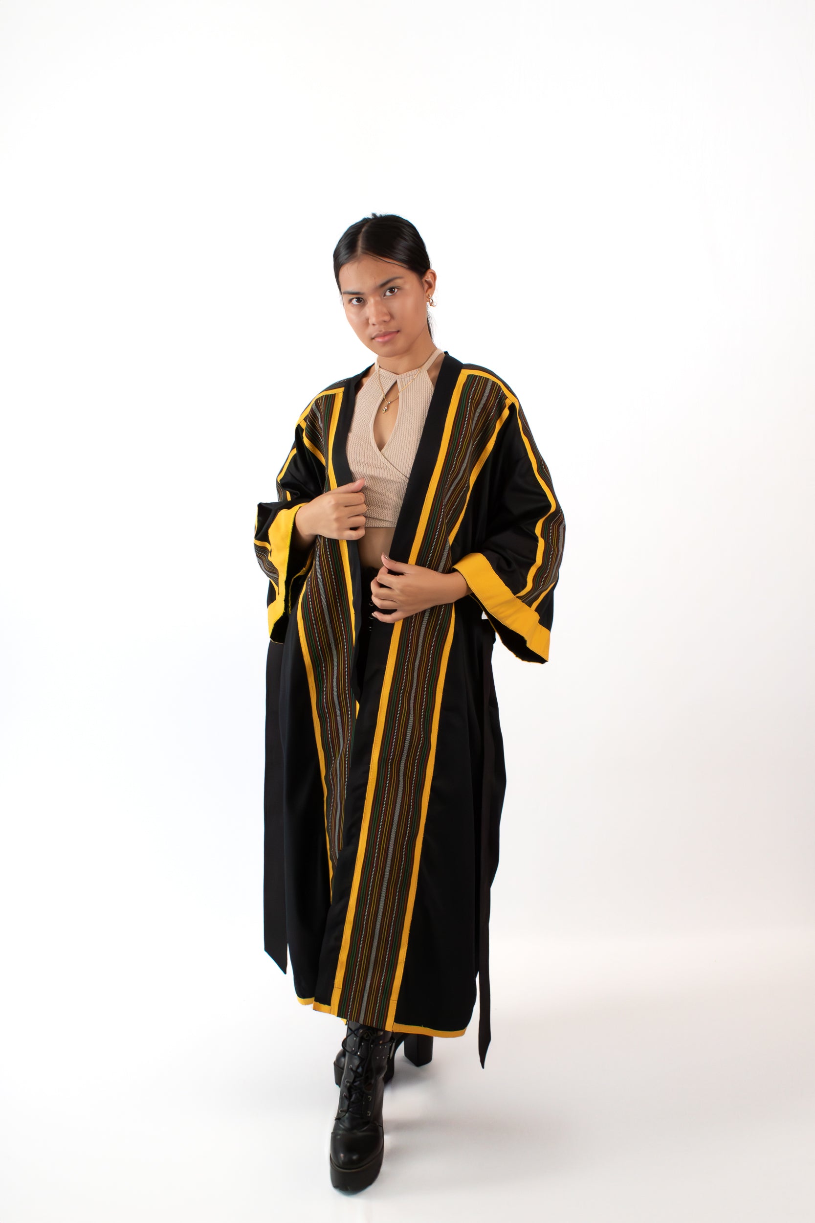 ✦ Kalinga Dusk - Sleek Black and Yellow Kimono with Hand-Woven Filipino Fabric