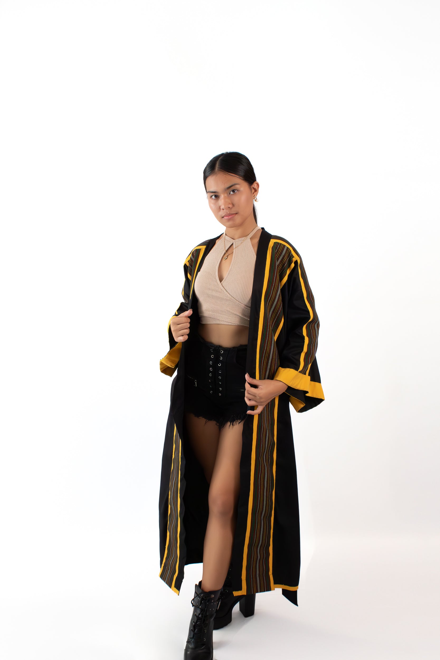 ✦ Kalinga Dusk - Sleek Black and Yellow Kimono with Hand-Woven Filipino Fabric