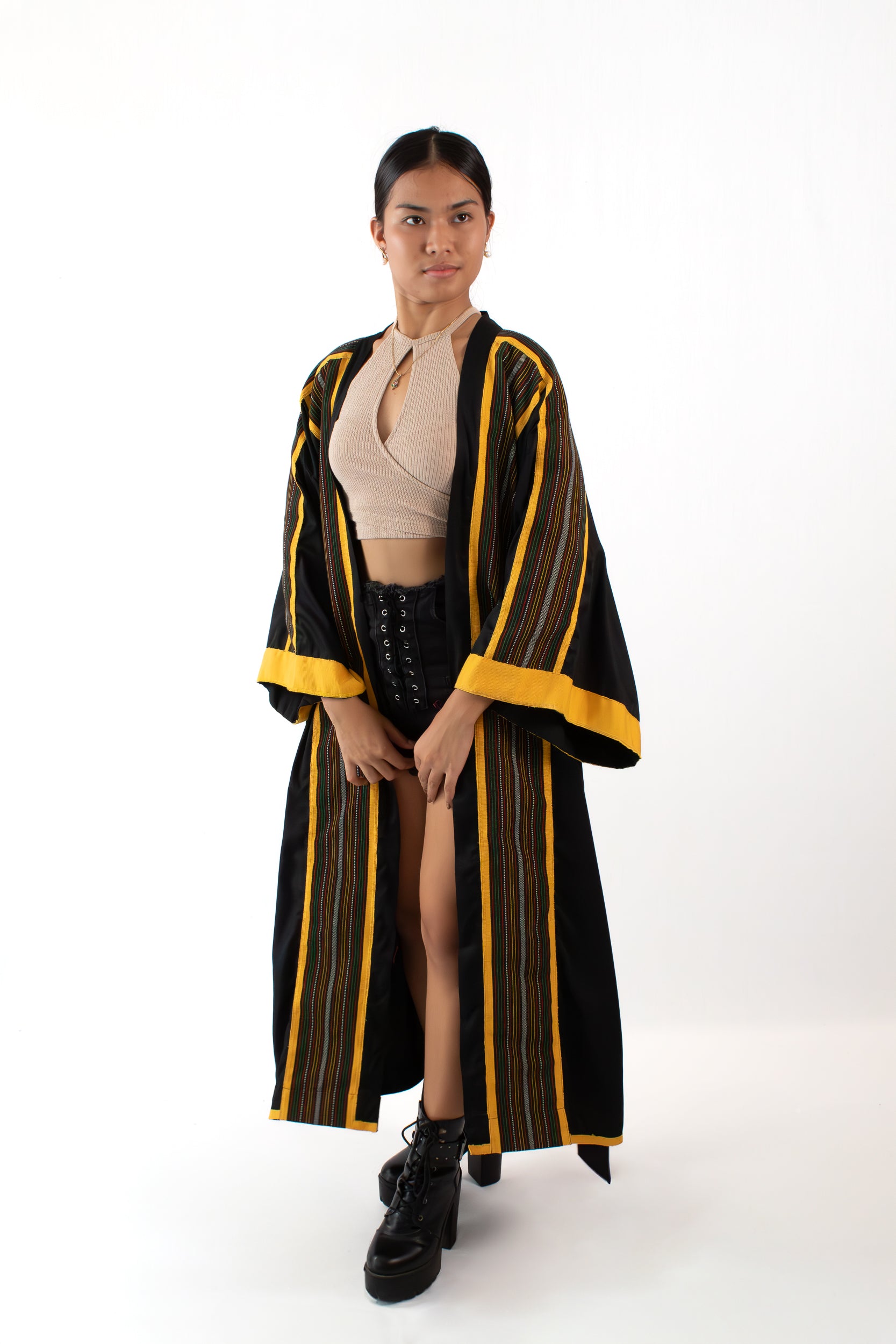 ✦ Kalinga Dusk - Sleek Black and Yellow Kimono with Hand-Woven Filipino Fabric