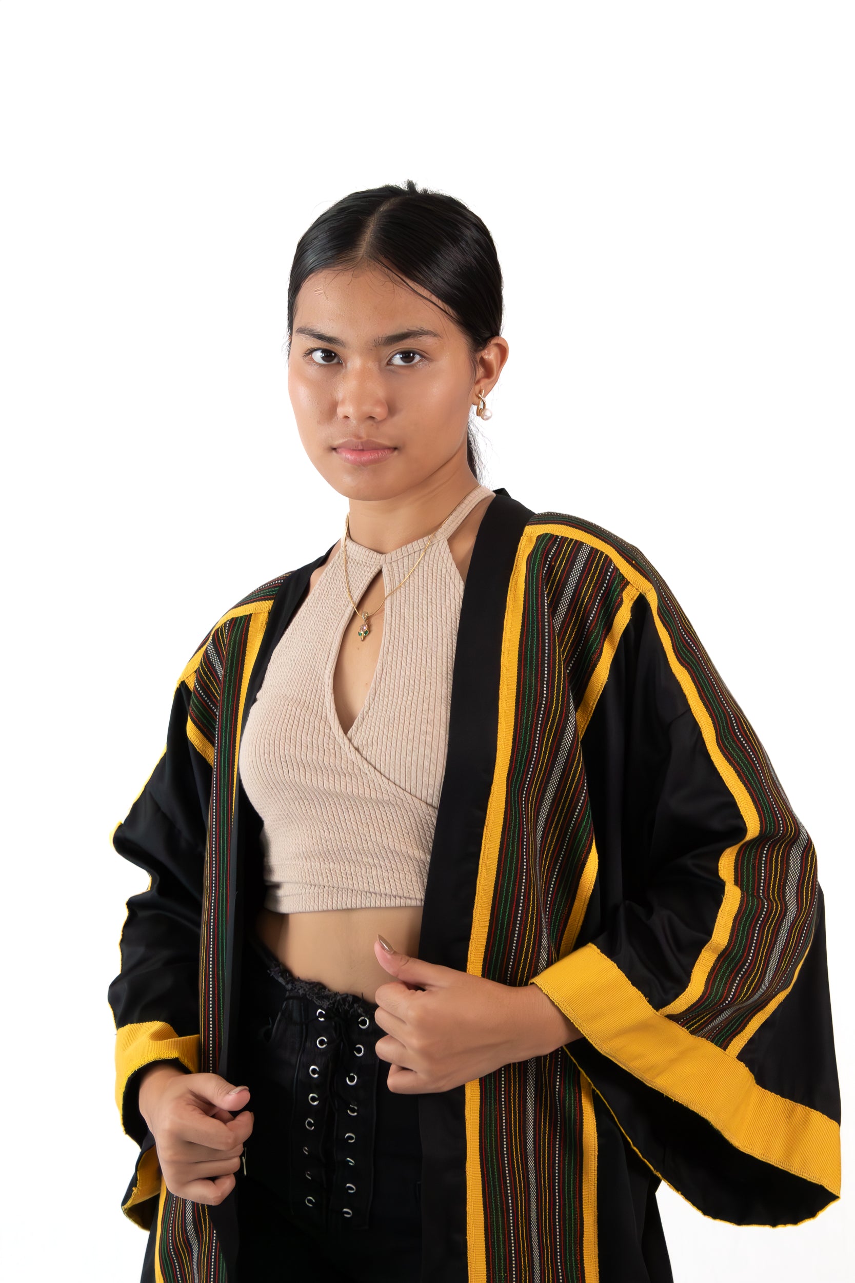 ✦ Kalinga Dusk - Sleek Black and Yellow Kimono with Hand-Woven Filipino Fabric