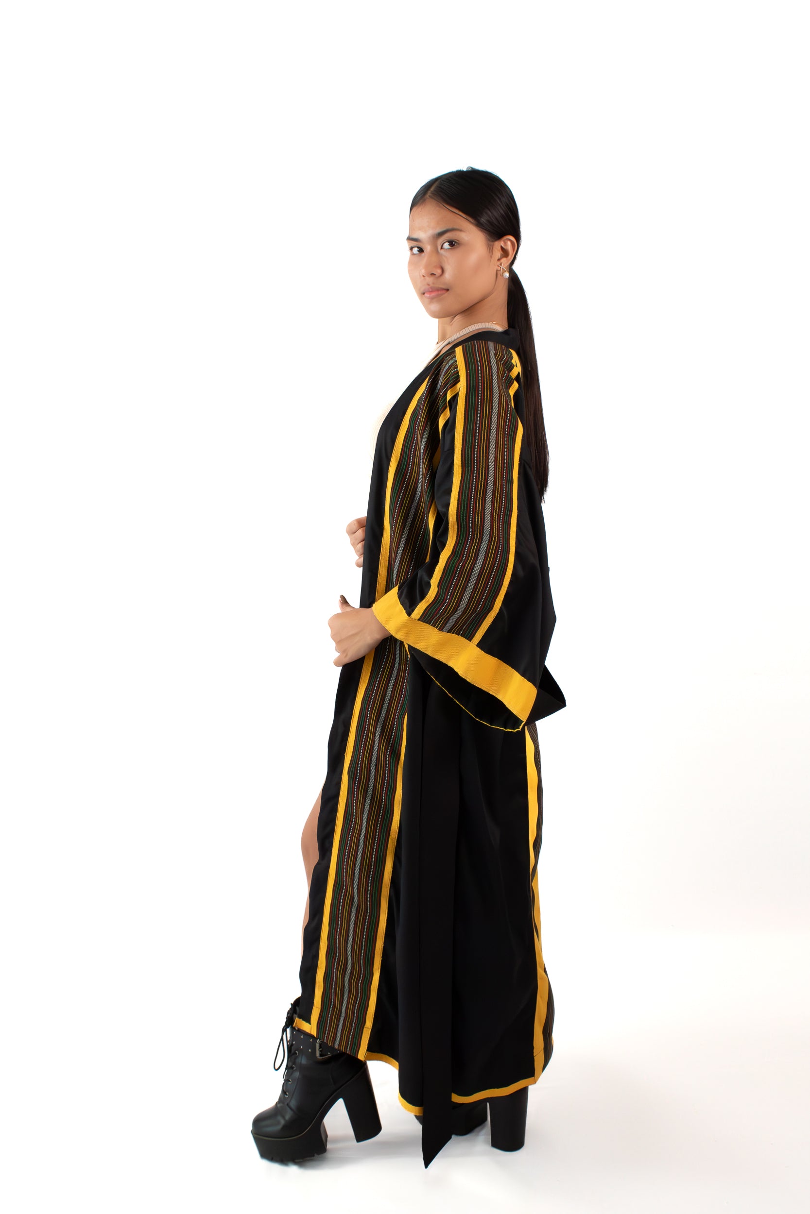✦ Kalinga Dusk - Sleek Black and Yellow Kimono with Hand-Woven Filipino Fabric