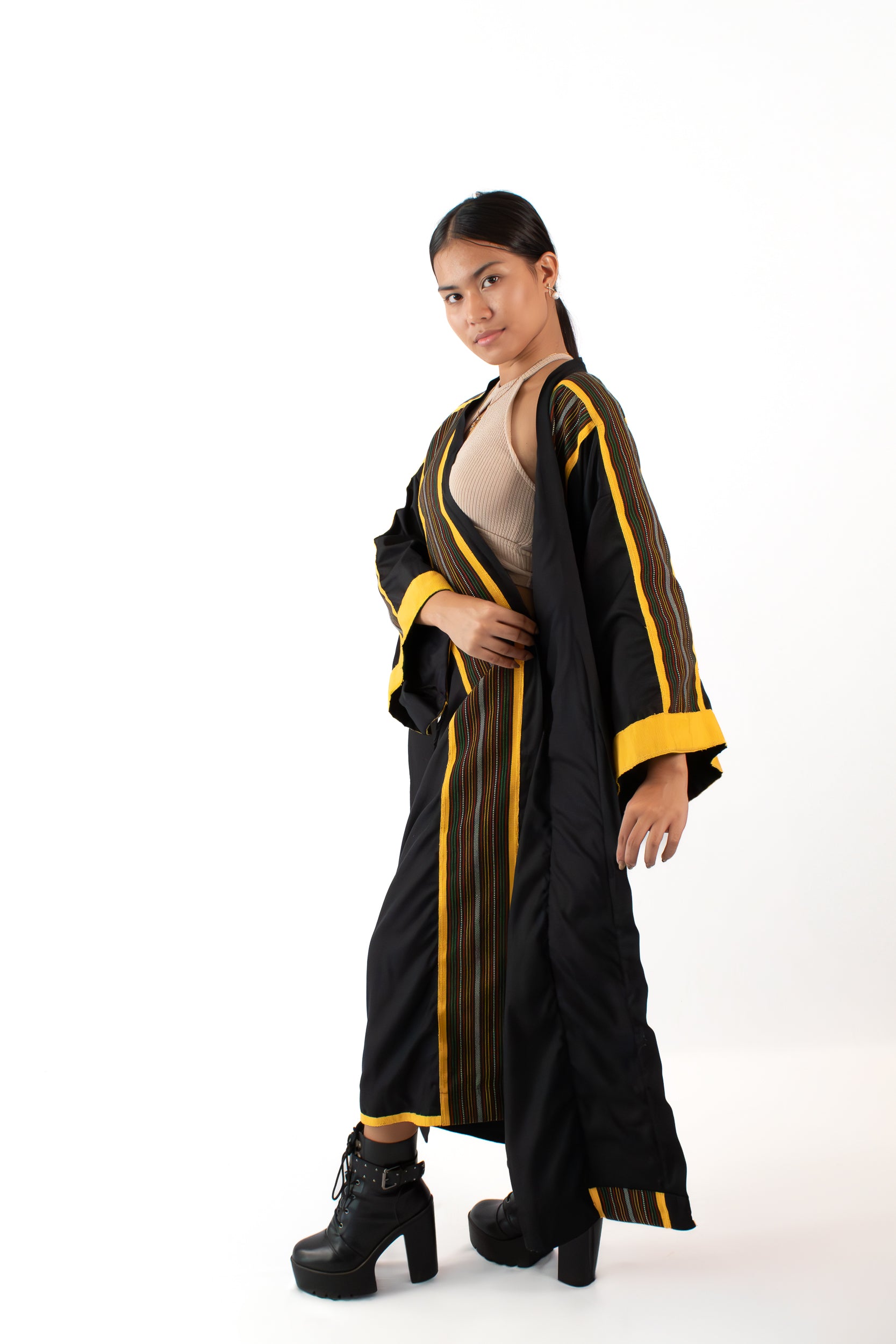 ✦ Kalinga Dusk - Sleek Black and Yellow Kimono with Hand-Woven Filipino Fabric