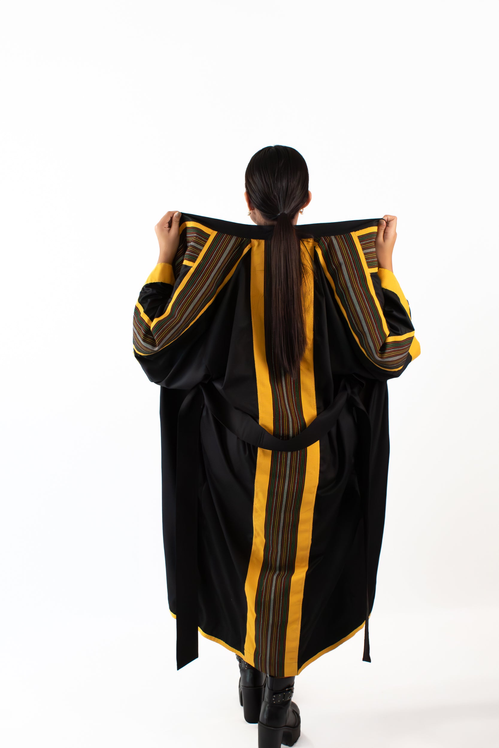 ✦ Kalinga Dusk - Sleek Black and Yellow Kimono with Hand-Woven Filipino Fabric