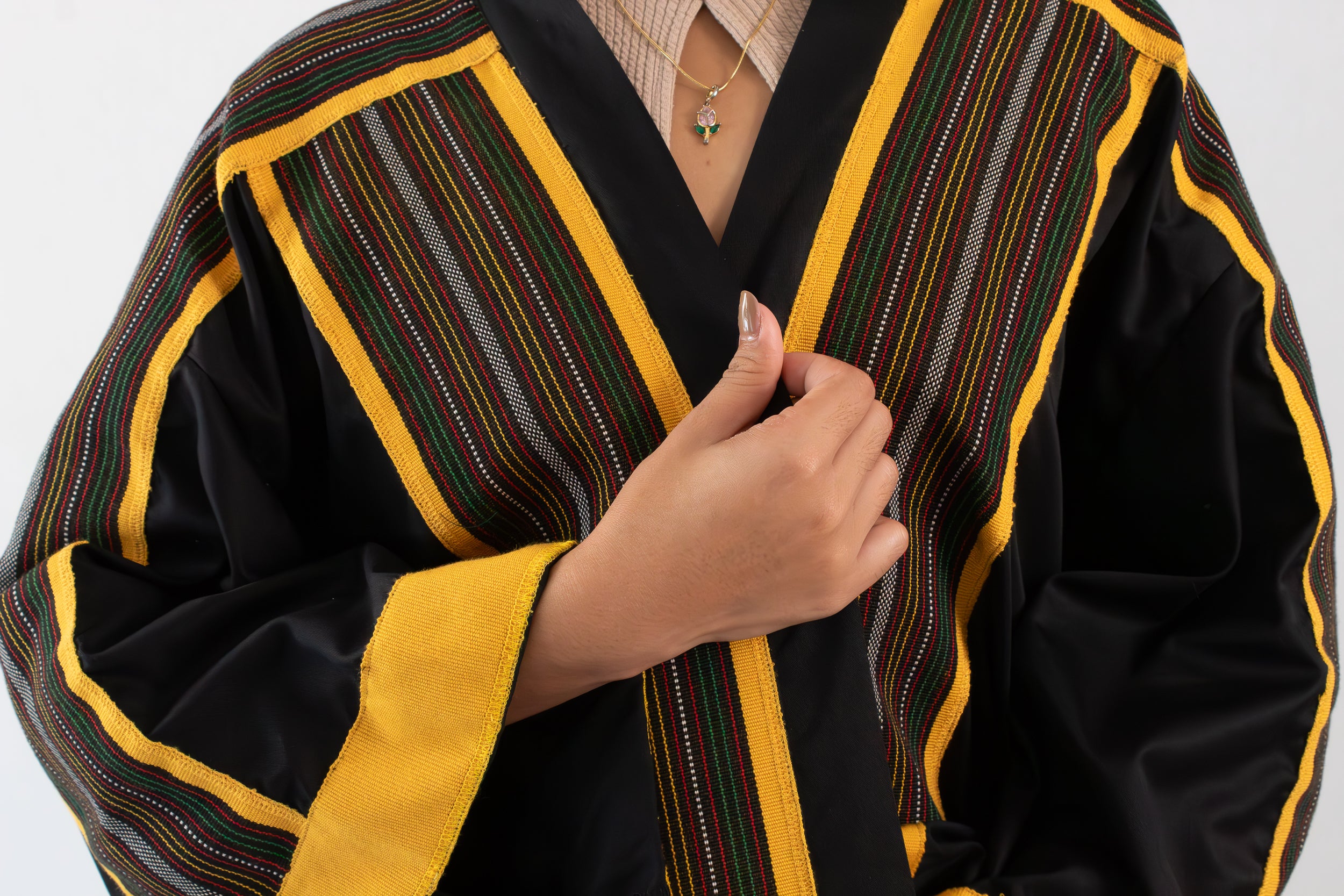 ✦ Kalinga Dusk - Sleek Black and Yellow Kimono with Hand-Woven Filipino Fabric