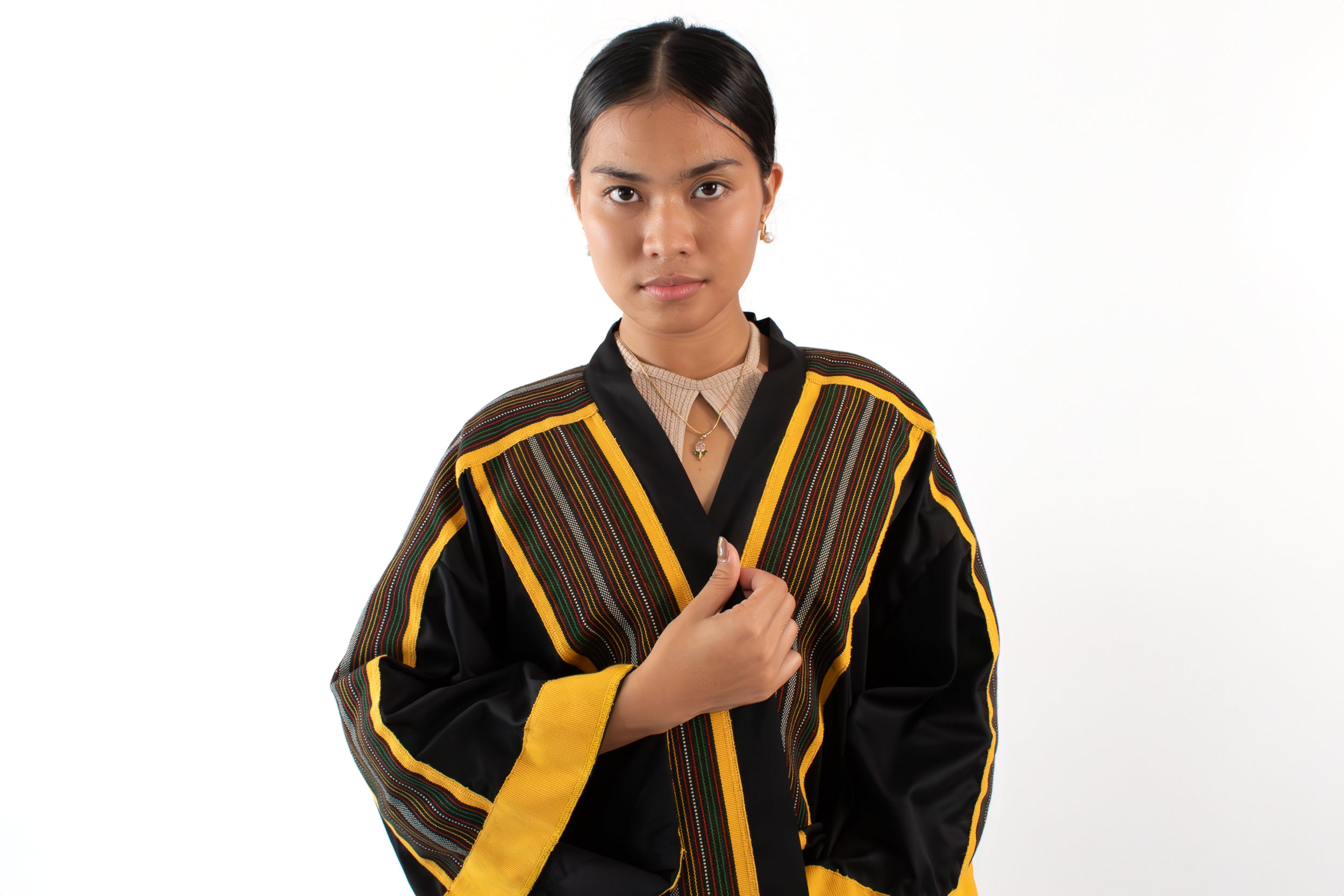 ✦ Kalinga Dusk - Sleek Black and Yellow Kimono with Hand-Woven Filipino Fabric