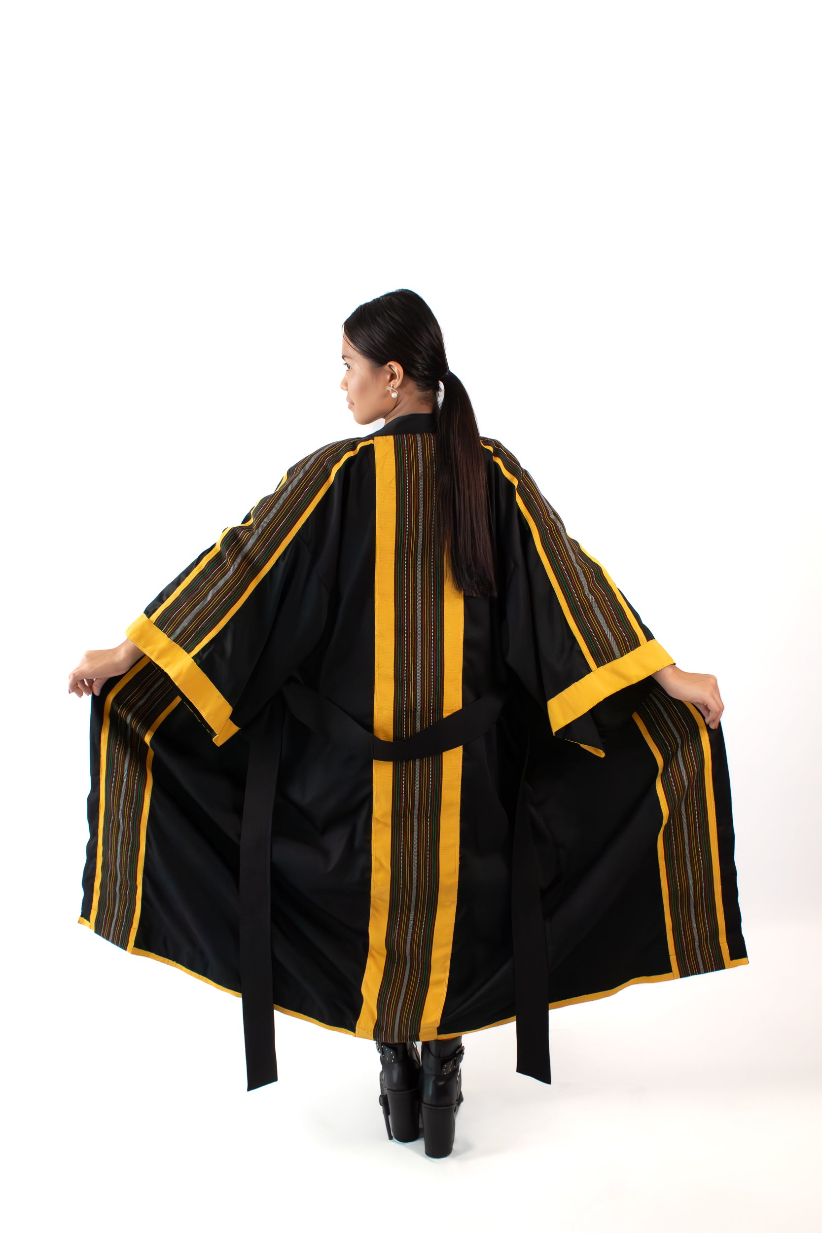 ✦ Kalinga Dusk - Sleek Black and Yellow Kimono with Hand-Woven Filipino Fabric