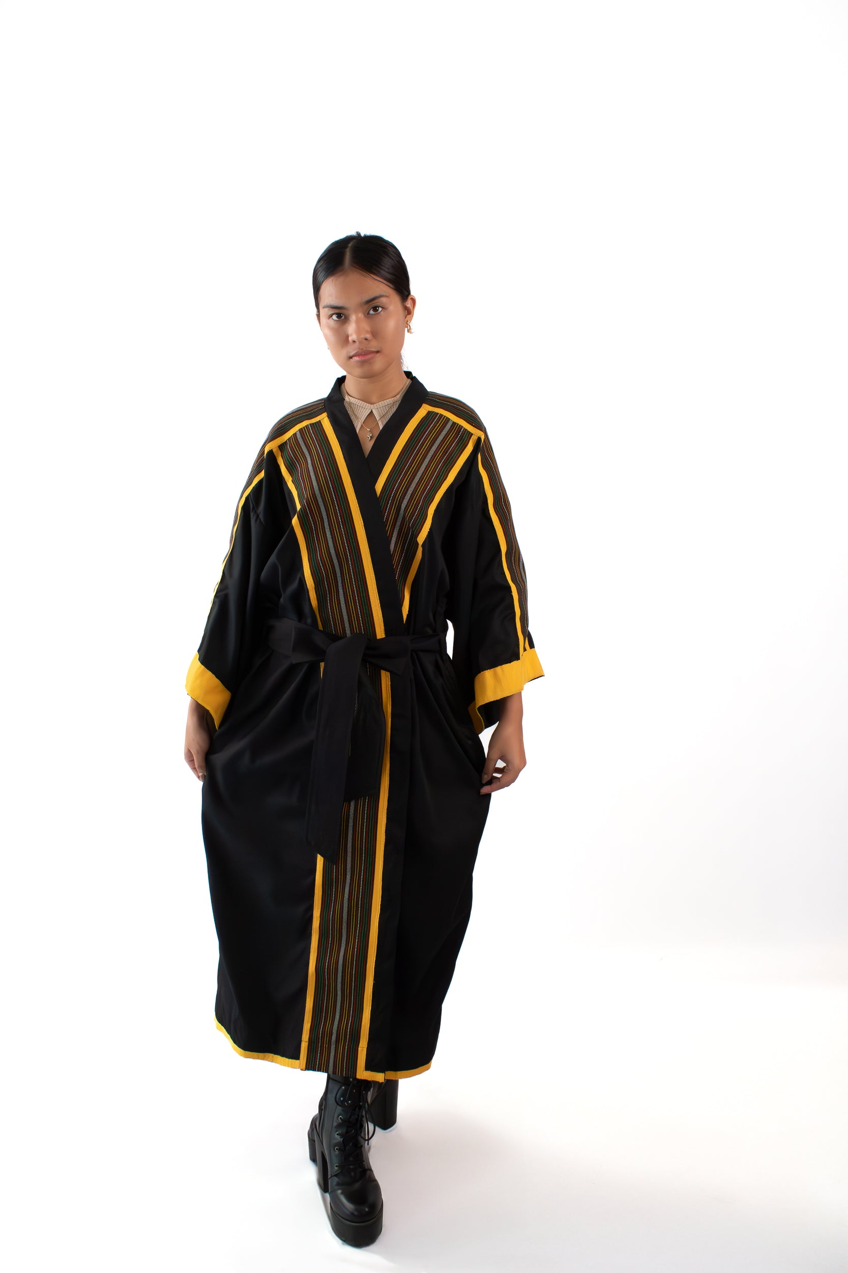 ✦ Kalinga Dusk - Sleek Black and Yellow Kimono with Hand-Woven Filipino Fabric