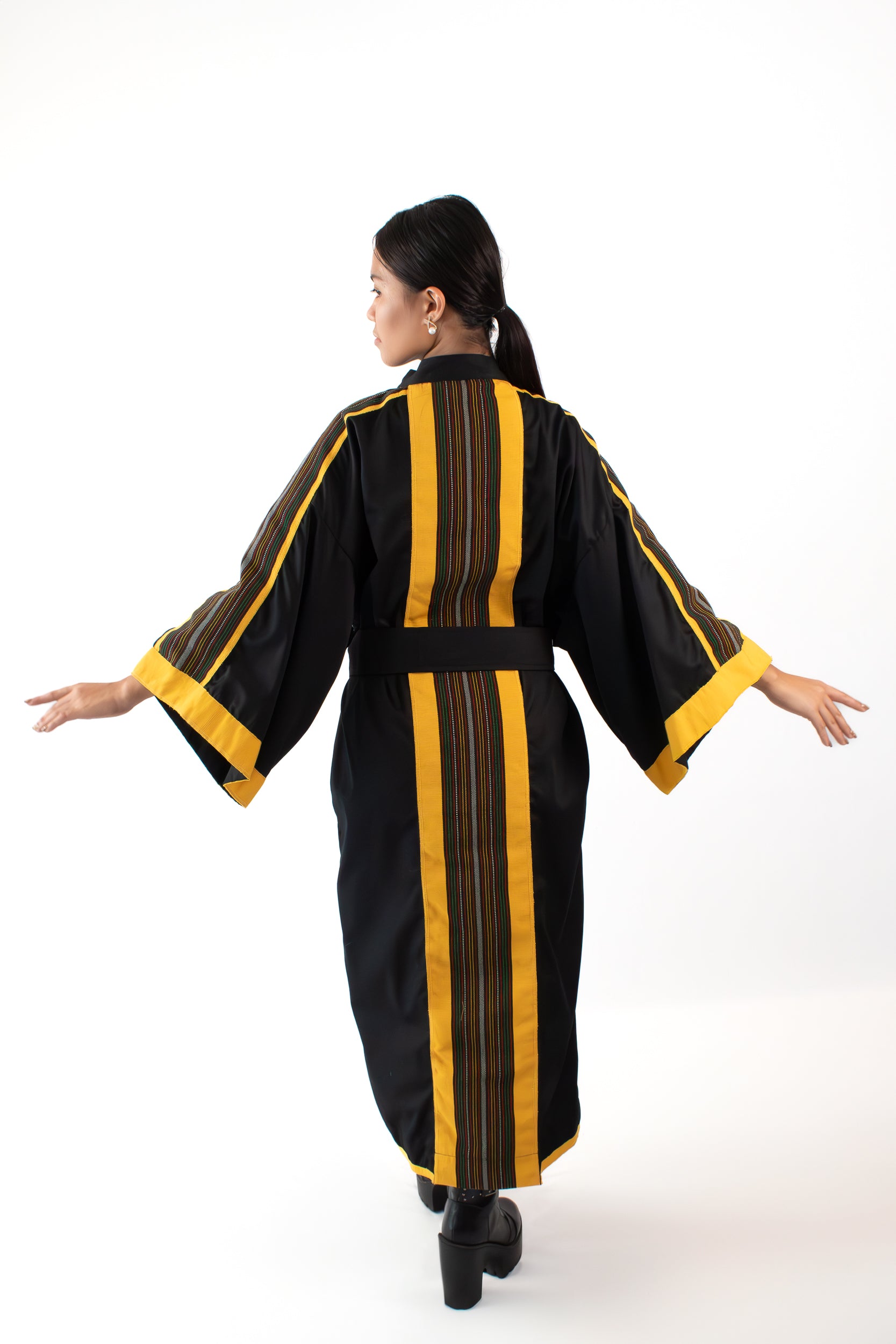 ✦ Kalinga Dusk - Sleek Black and Yellow Kimono with Hand-Woven Filipino Fabric