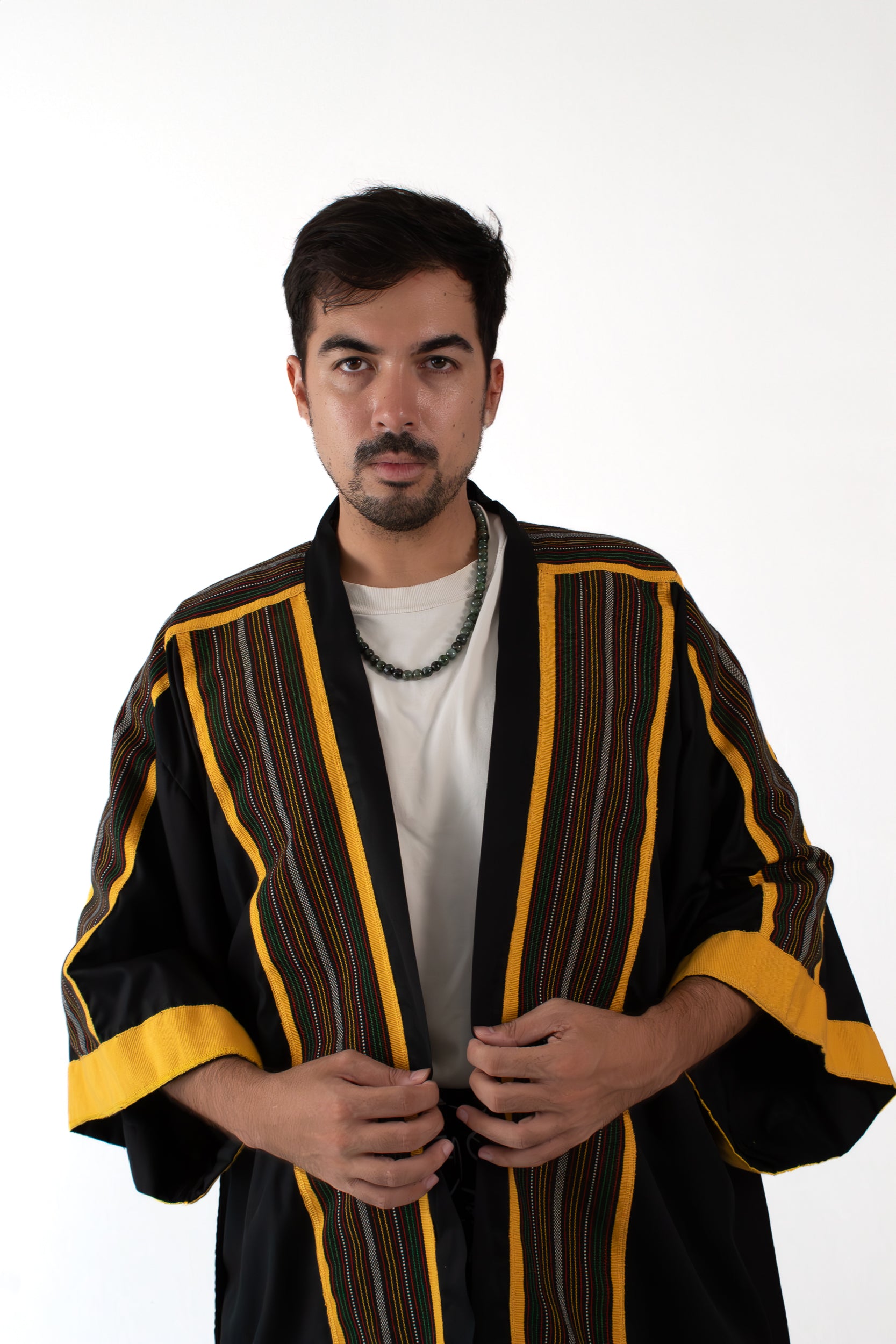 ✦ Kalinga Dusk - Sleek Black and Yellow Kimono with Hand-Woven Filipino Fabric