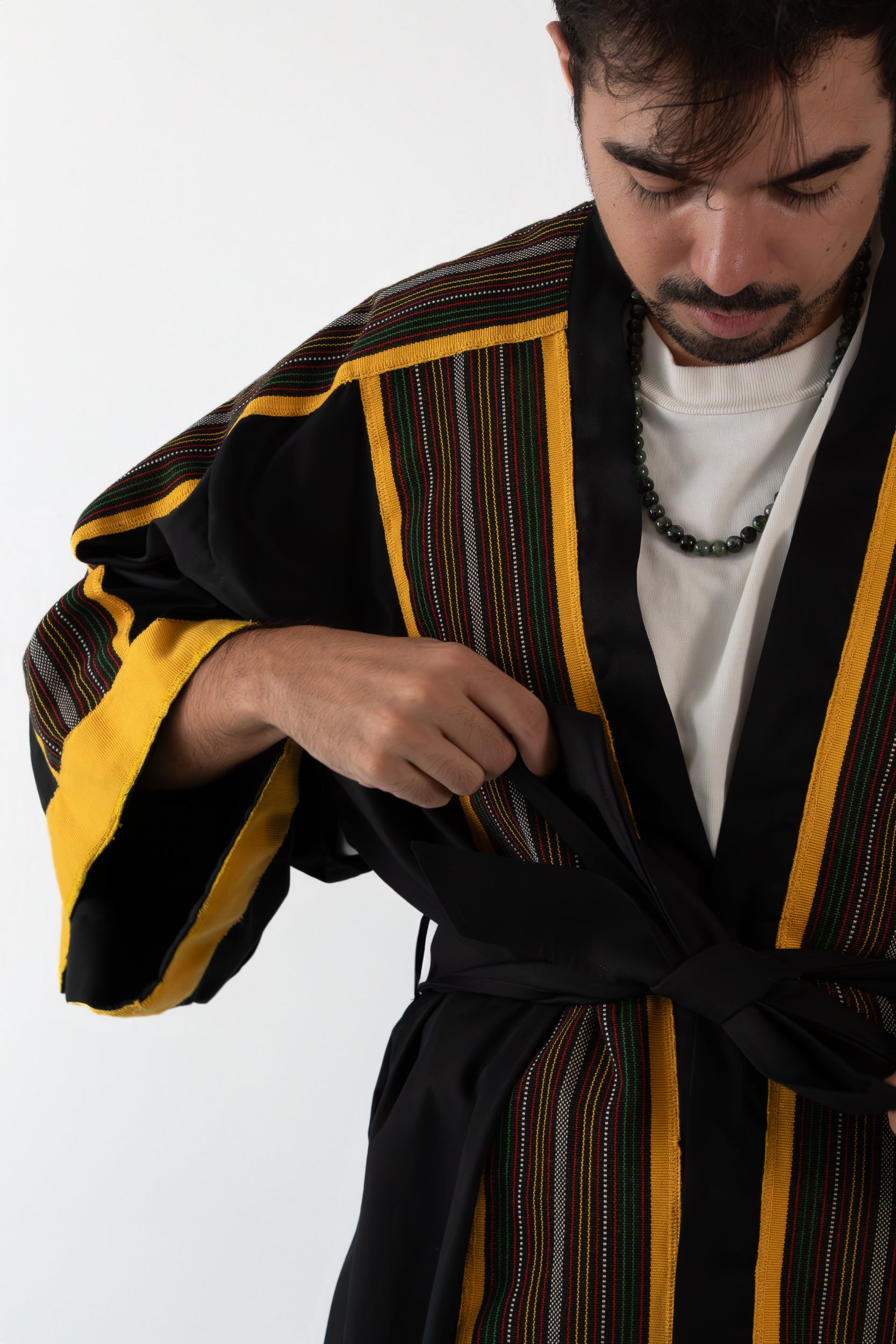 ✦ Kalinga Dusk - Sleek Black and Yellow Kimono with Hand-Woven Filipino Fabric
