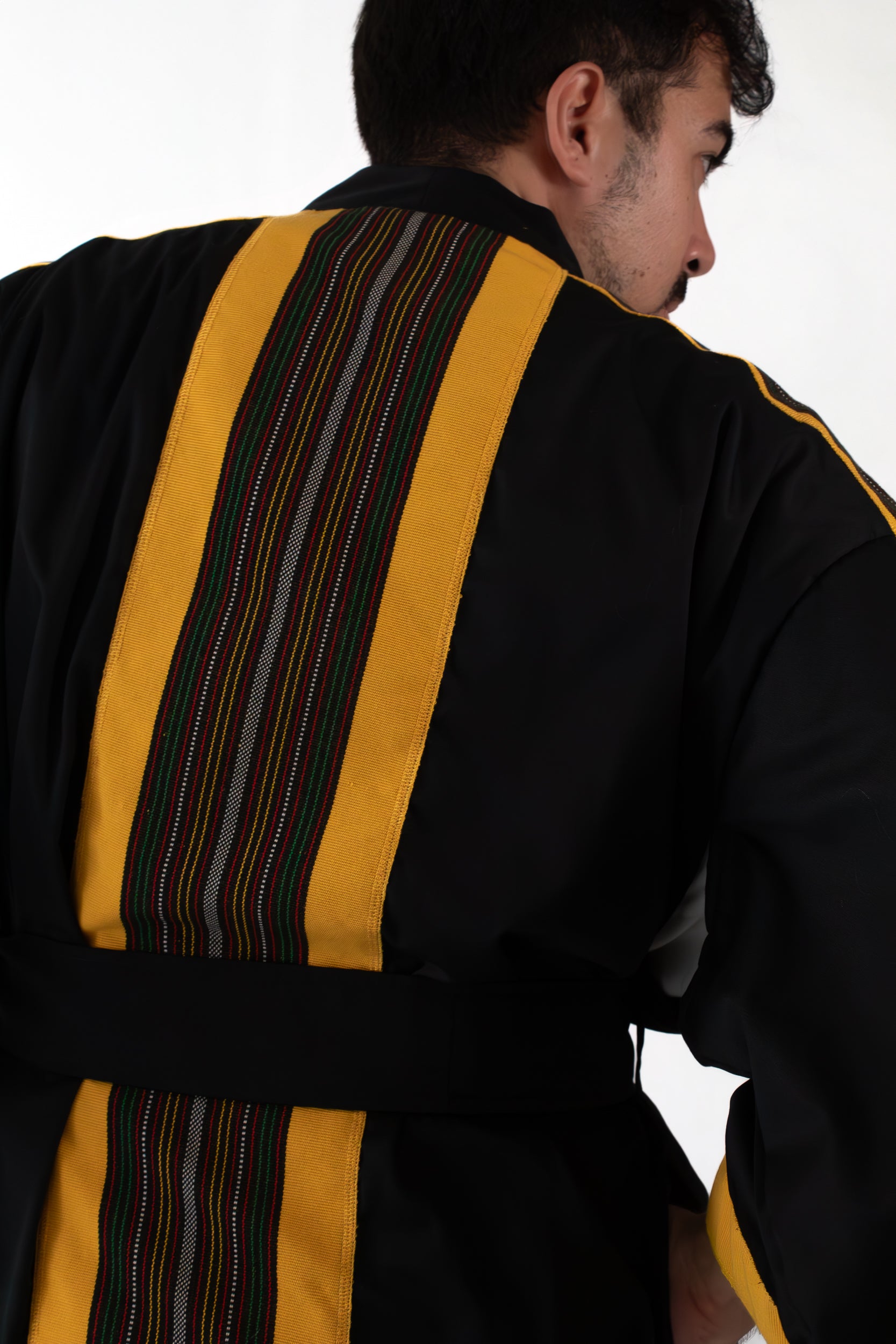 ✦ Kalinga Dusk - Sleek Black and Yellow Kimono with Hand-Woven Filipino Fabric