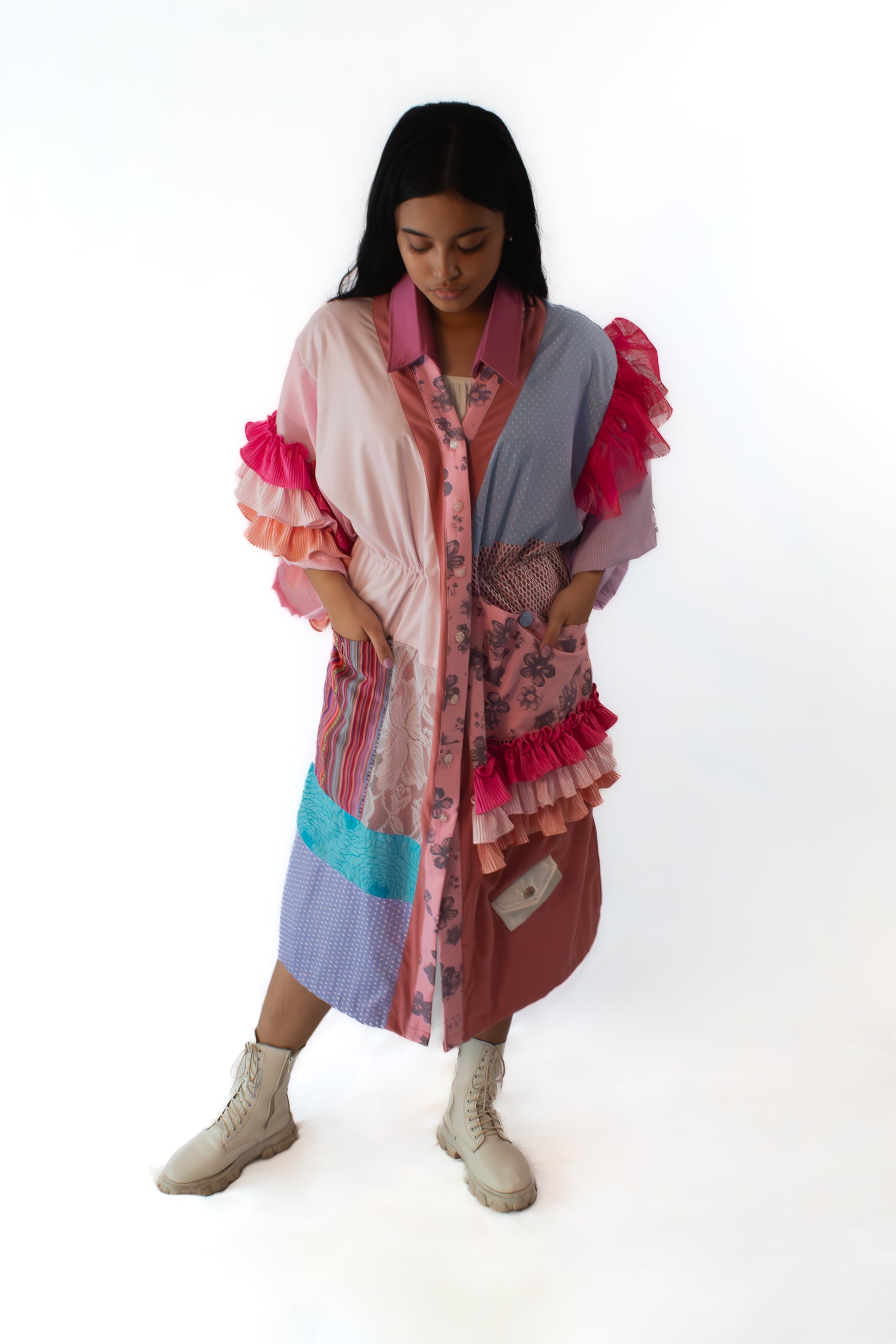 ✦ Gandang Chaos - Exclusive Pink Patchwork Kimono Dress with Cotton Lining
