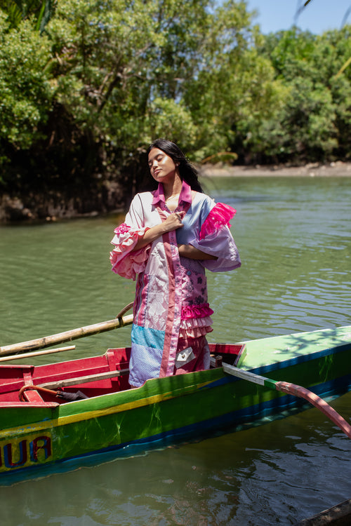 ✦ Gandang Chaos - Exclusive Pink Patchwork Kimono Dress with Cotton Lining