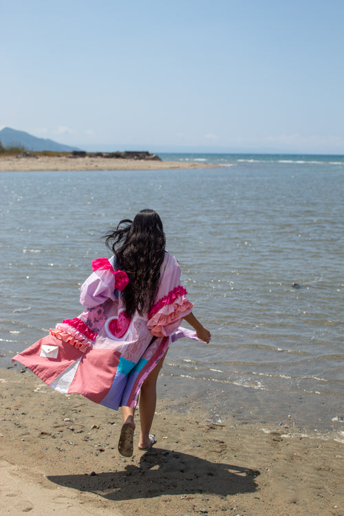 ✦ Gandang Chaos - Exclusive Pink Patchwork Kimono Dress with Cotton Lining