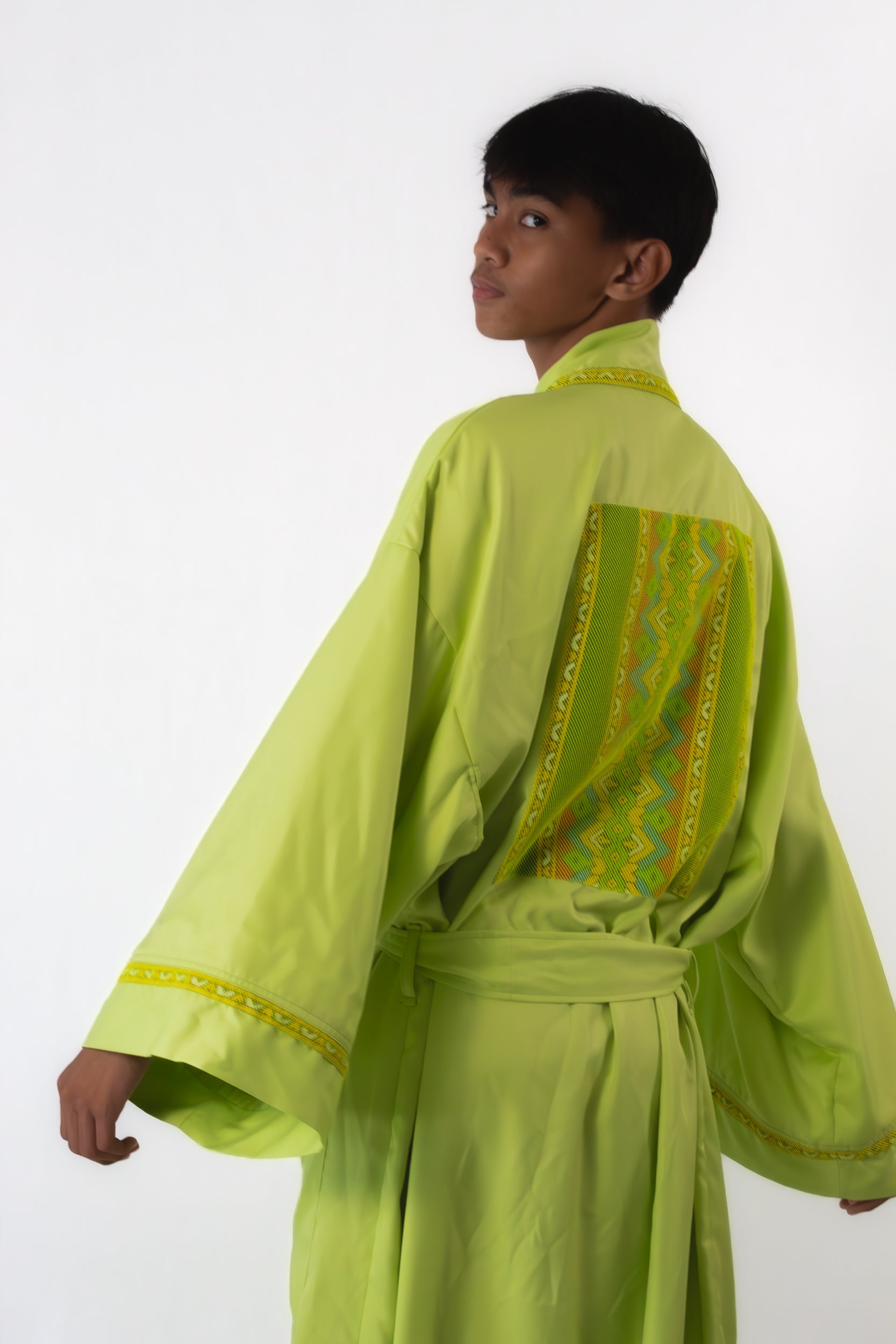 ✦ Luntiang Glow - Neon Green Wide Kimono with Malong Print Artwork