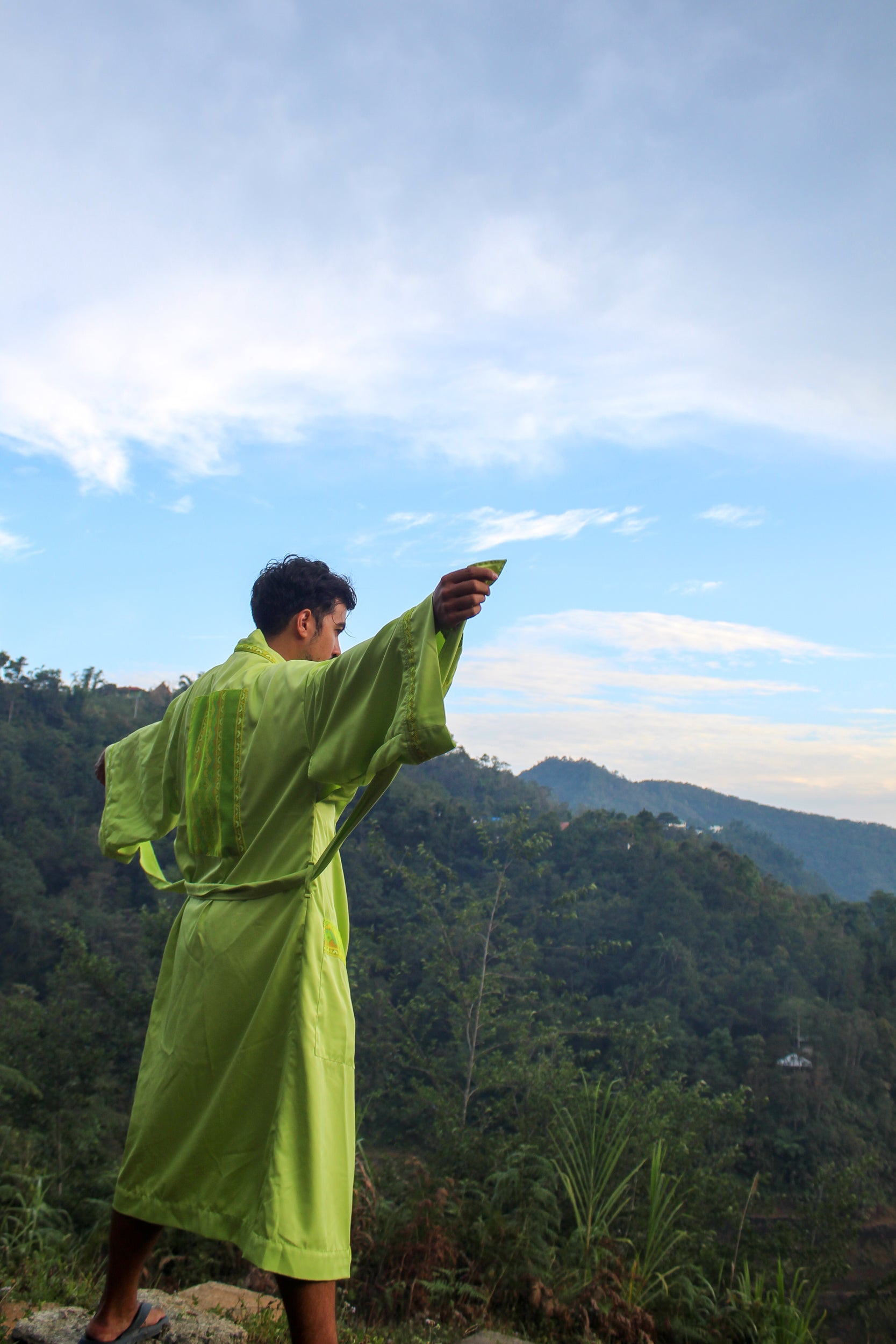 ✦ Luntiang Glow - Neon Green Wide Kimono with Malong Print Artwork