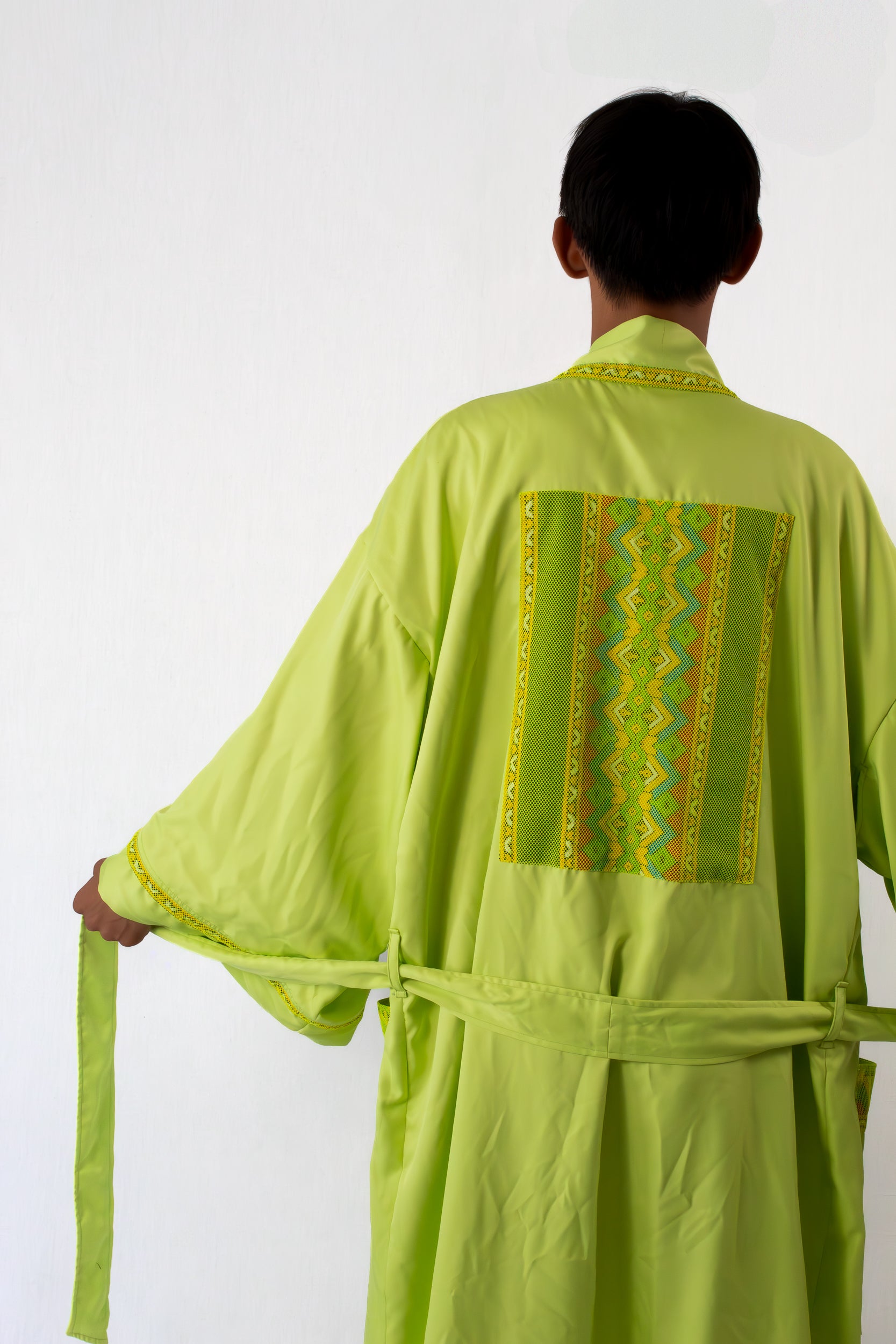 ✦ Luntiang Glow - Neon Green Wide Kimono with Malong Print Artwork