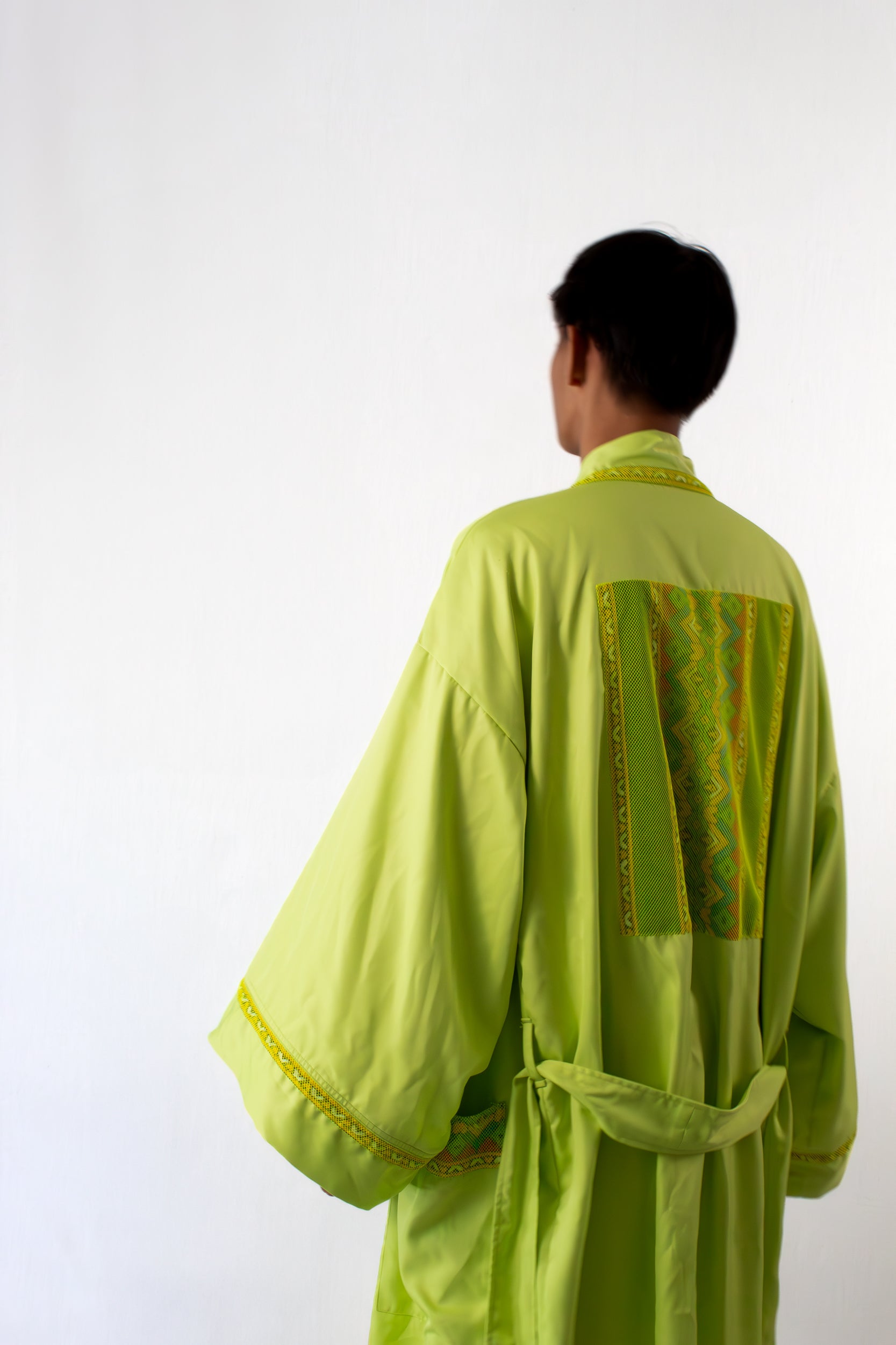 ✦ Luntiang Glow - Neon Green Wide Kimono with Malong Print Artwork