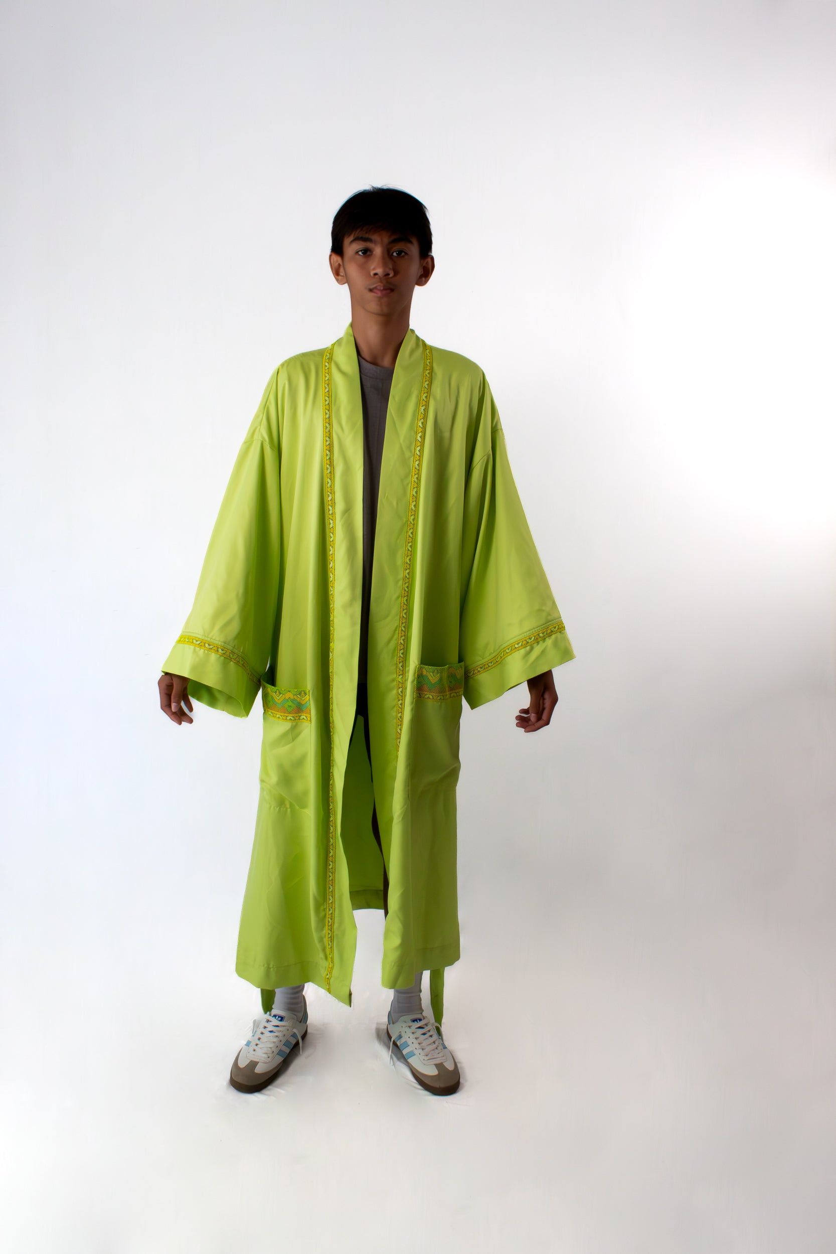 ✦ Luntiang Glow - Neon Green Wide Kimono with Malong Print Artwork